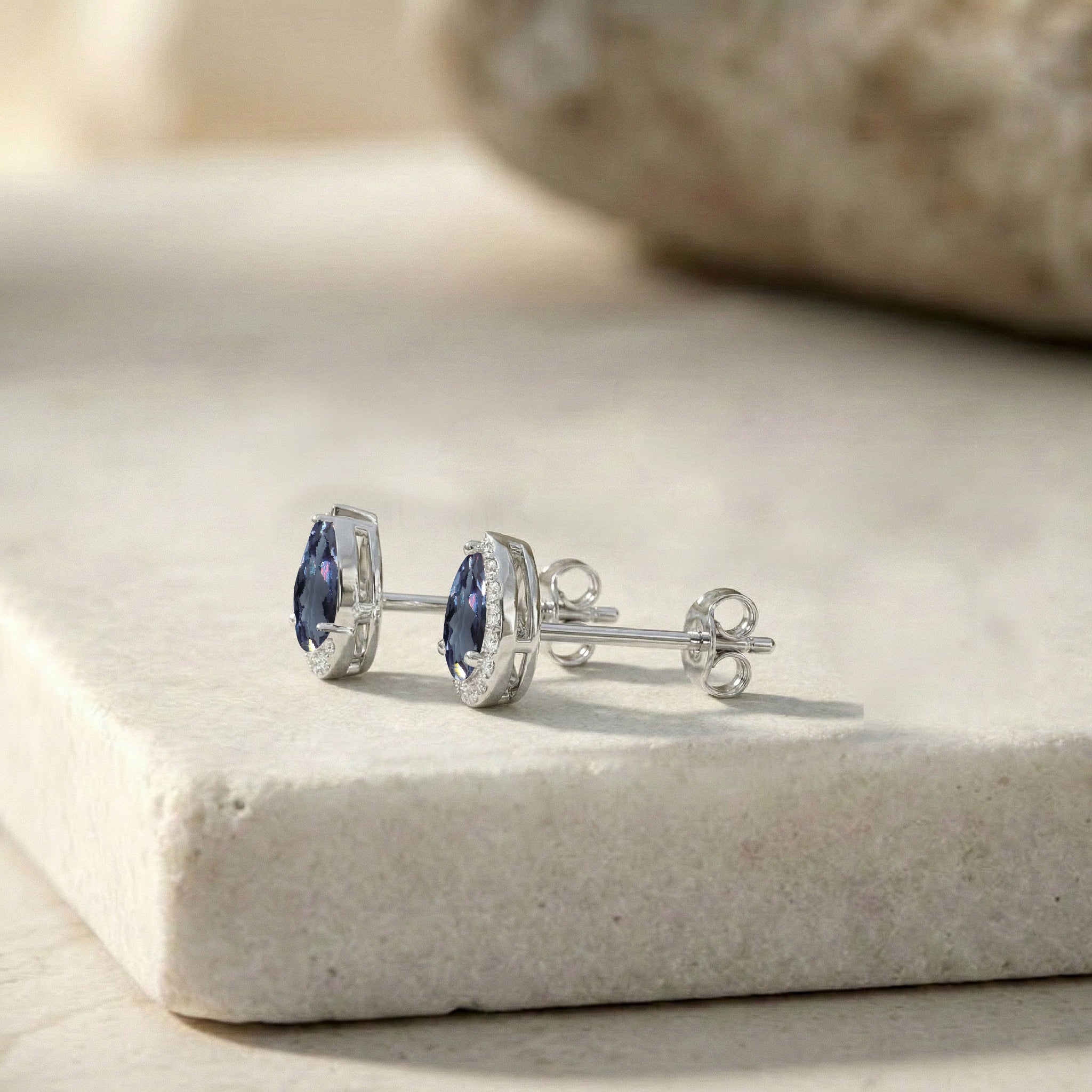 Alexandrite Pear Halo Stud Earrings in 925 Sterling Silver 1ct