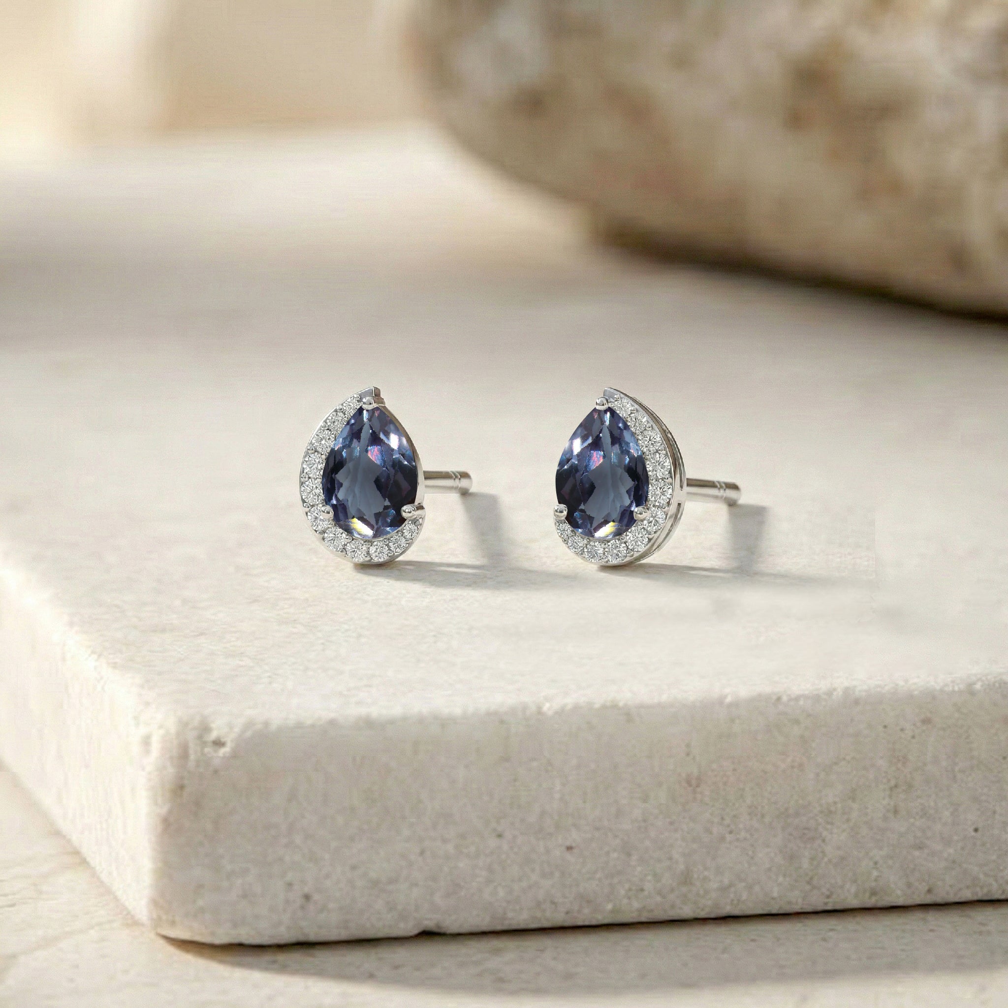 Alexandrite Pear Halo Stud Earrings in 925 Sterling Silver 1ct