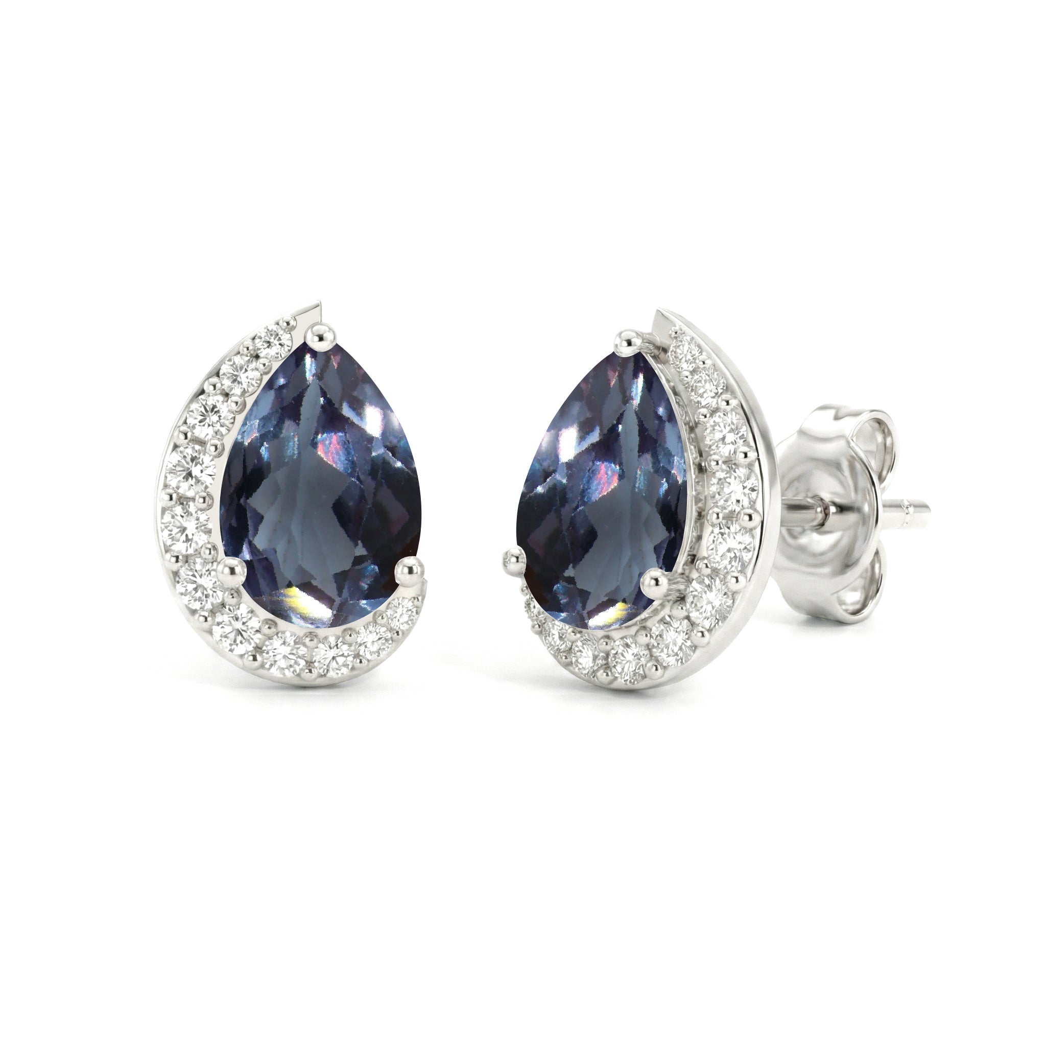 Alexandrite Pear Halo Stud Earrings in 925 Sterling Silver 1ct
