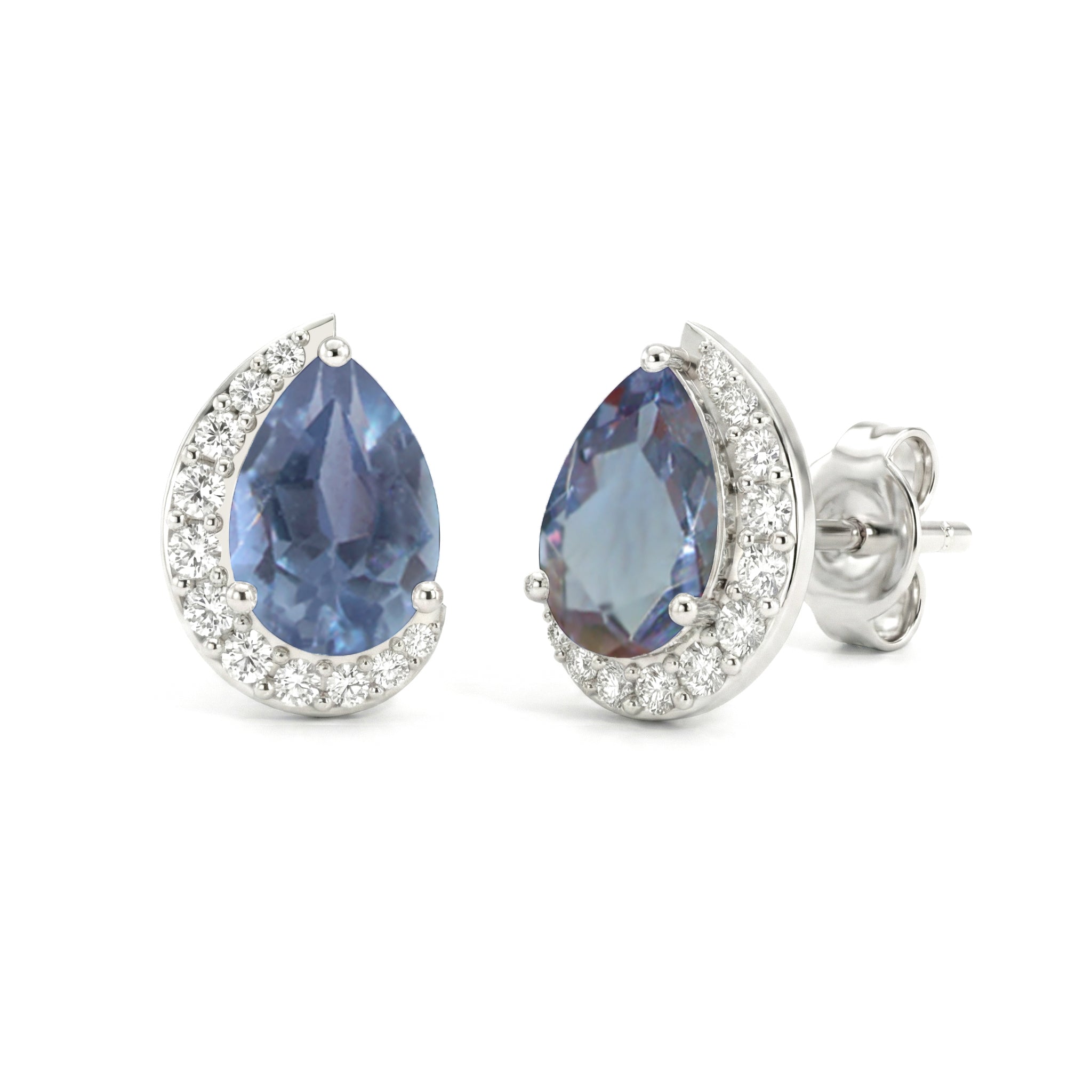 Alexandrite Pear Halo Stud Earrings in 925 Sterling Silver 1ct