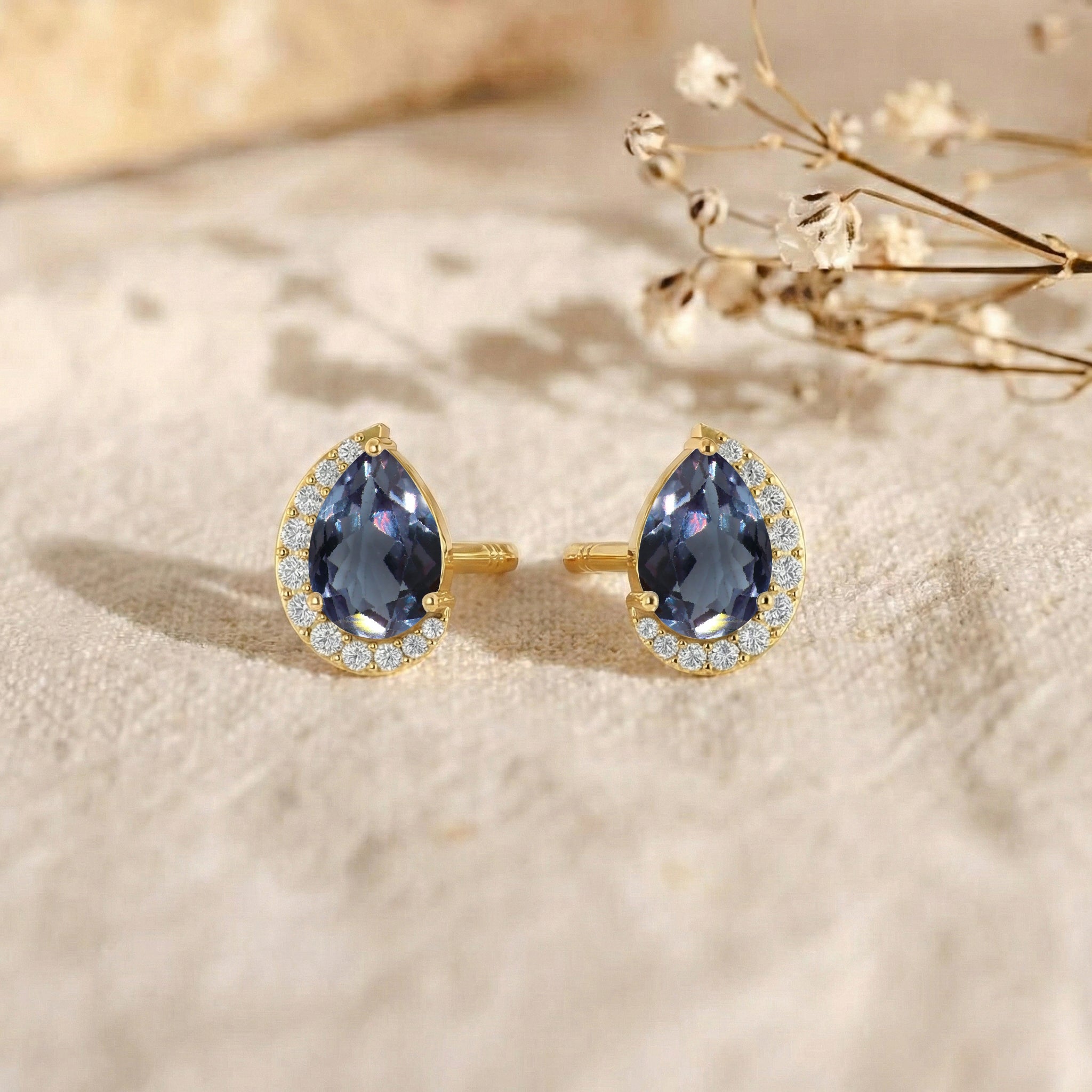Alexandrite Pear Halo Stud Earrings in 925 Sterling Silver 1ct