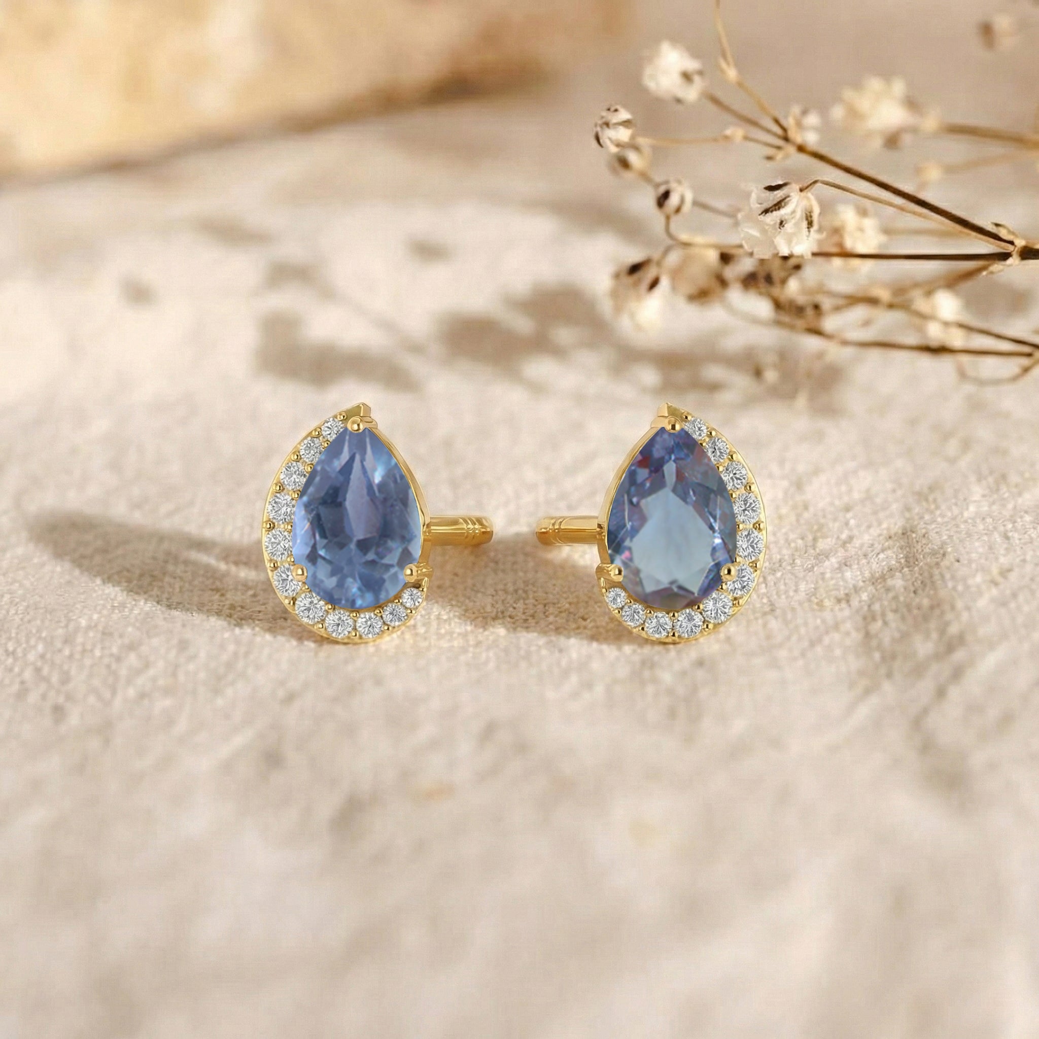 Alexandrite Pear Halo Stud Earrings in 925 Sterling Silver 1ct