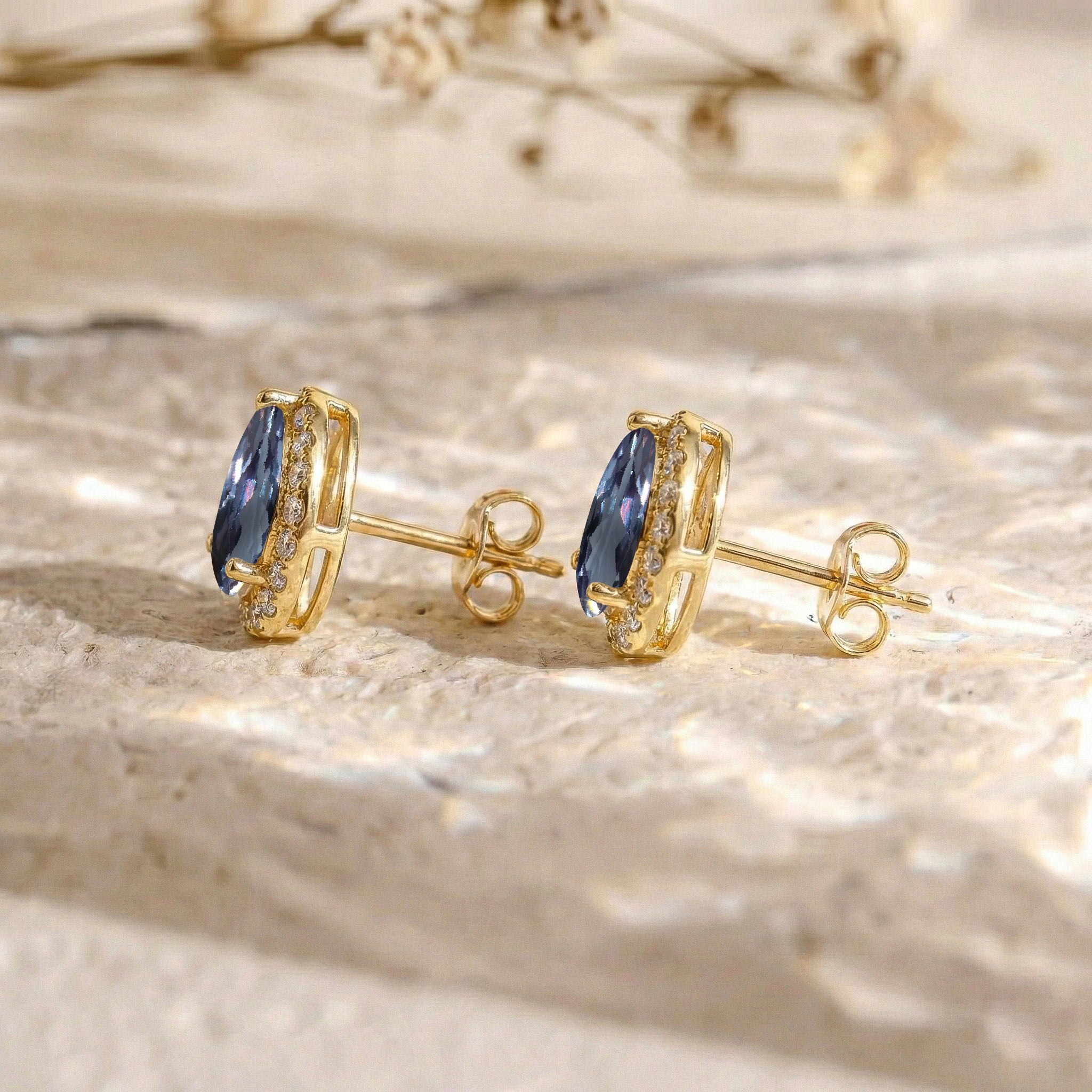 Alexandrite Pear Halo Stud Earrings in 925 Sterling Silver 1ct