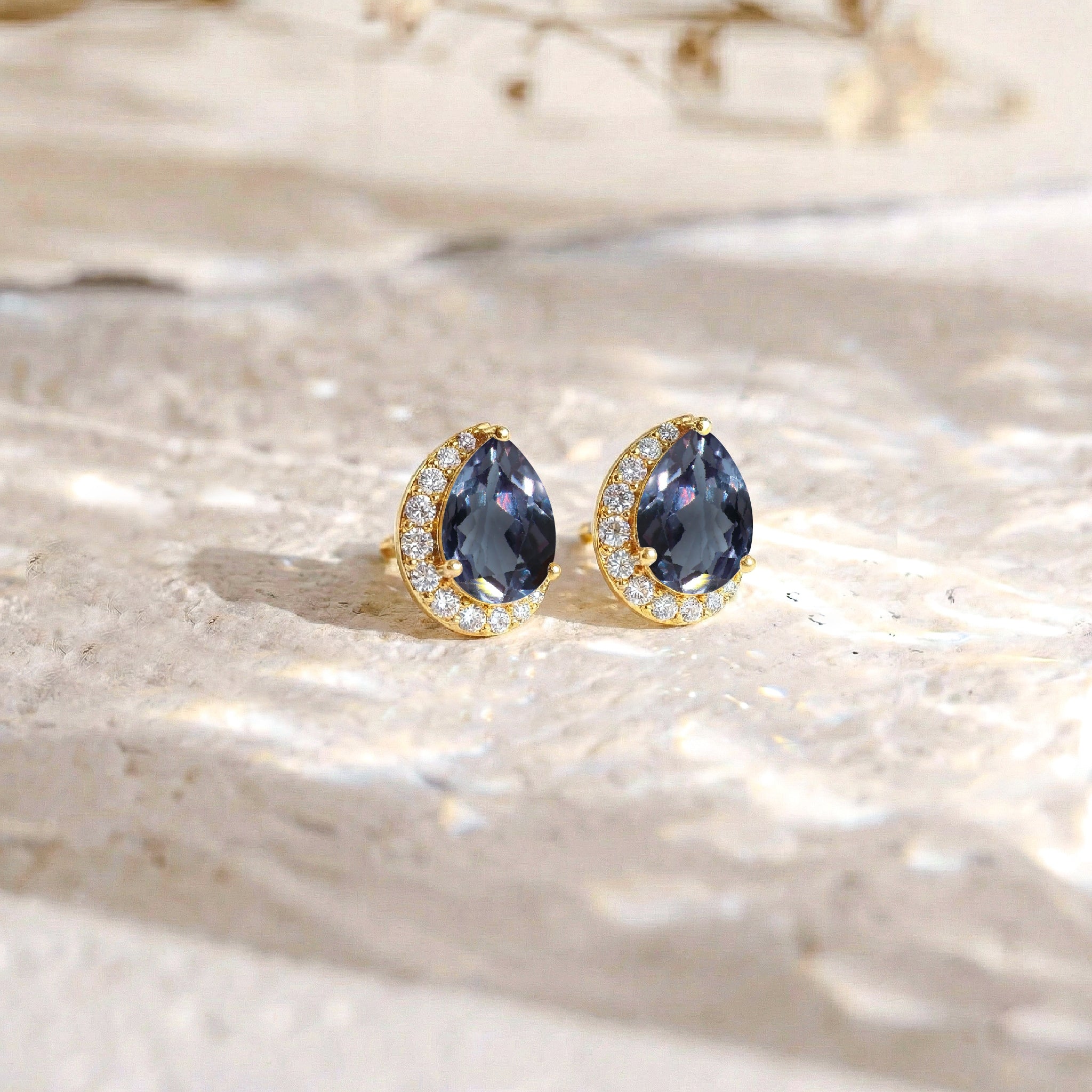Alexandrite Pear Halo Stud Earrings in 925 Sterling Silver 1ct
