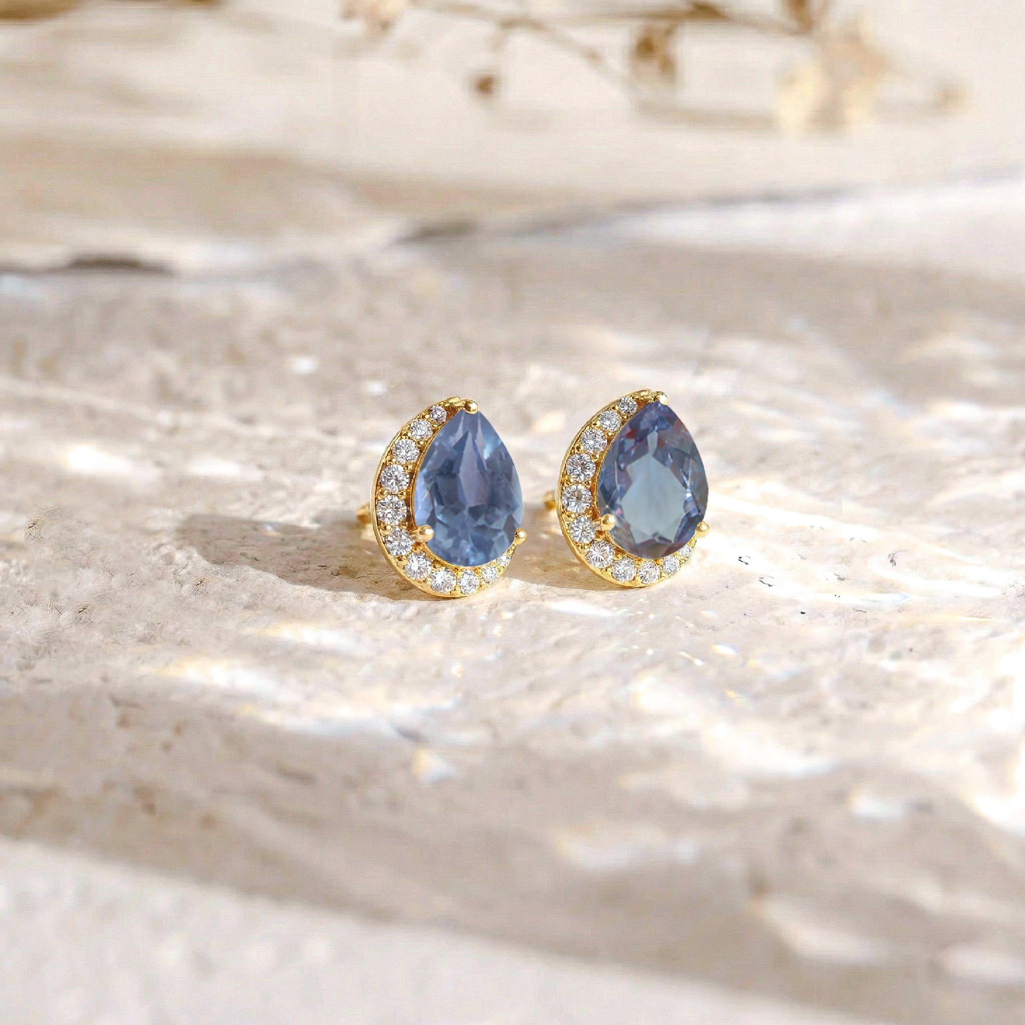 Alexandrite Pear Halo Stud Earrings in 925 Sterling Silver 1ct