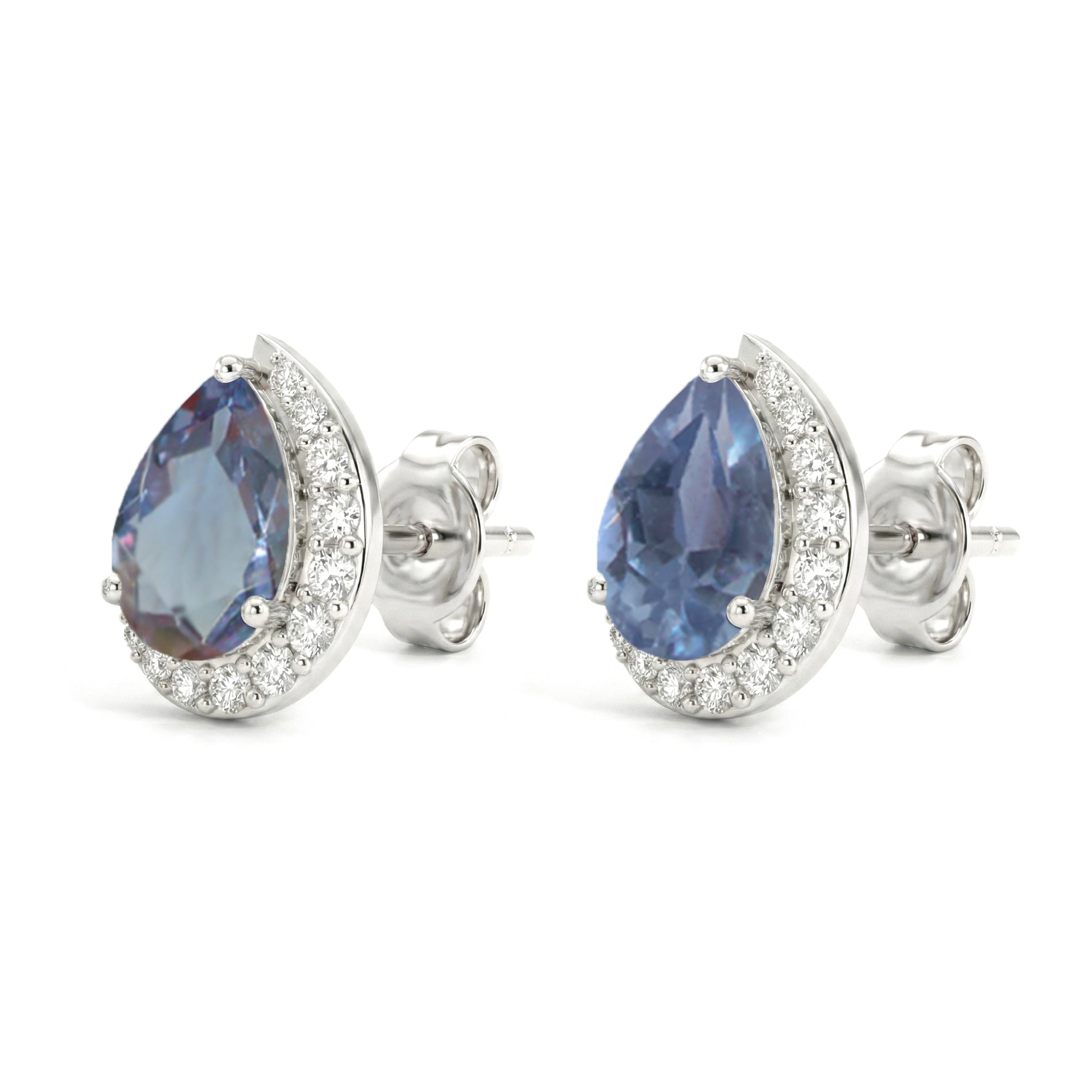 Alexandrite Pear Halo Stud Earrings in 925 Sterling Silver 1ct