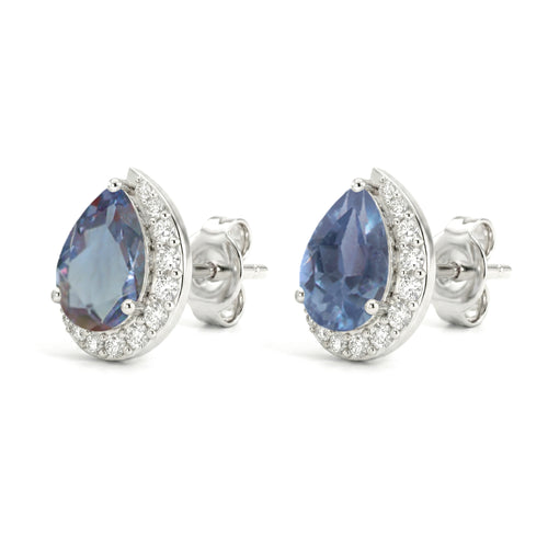 Alexandrite Pear Halo Stud Earrings in 925 Sterling Silver 1ct