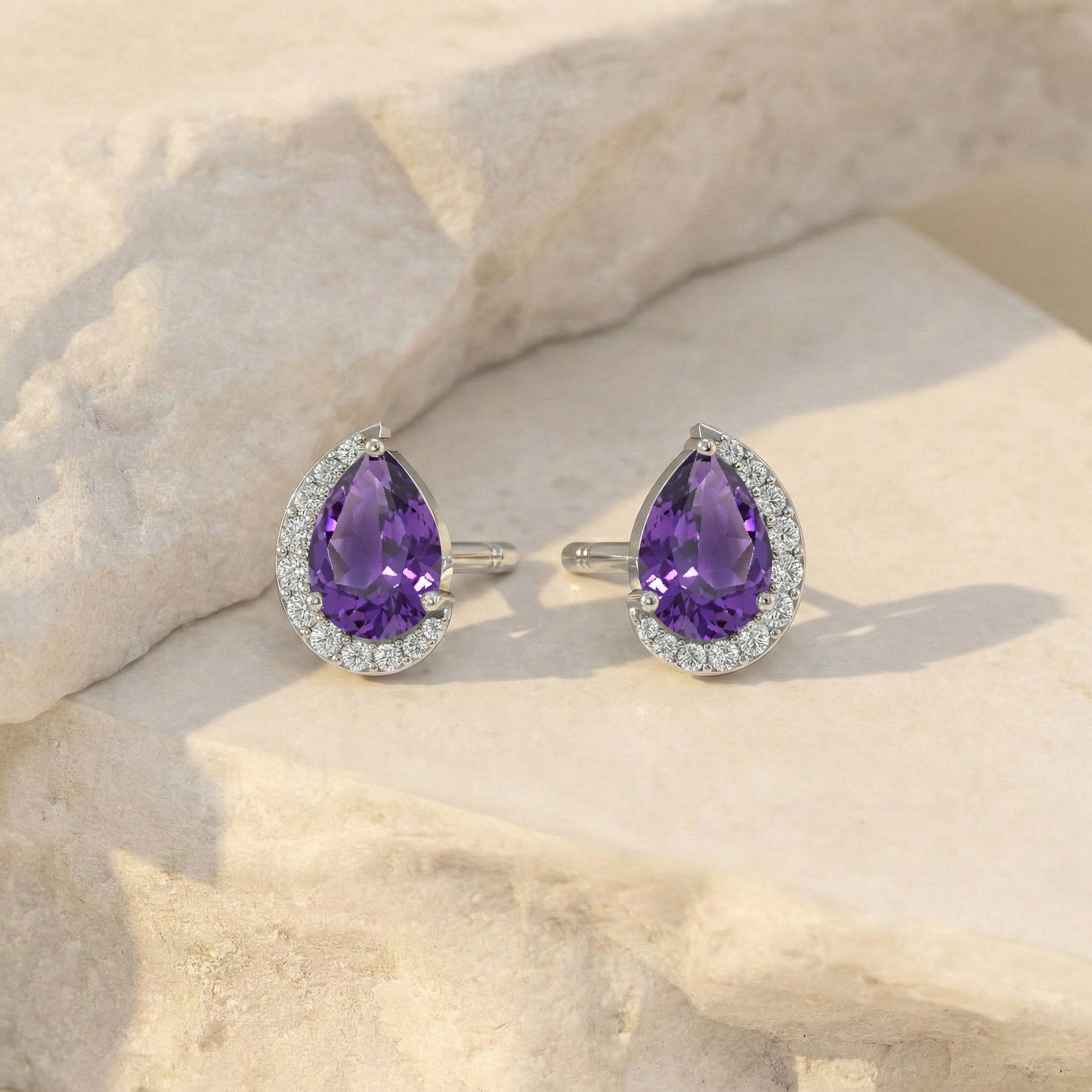 Amethyst Pear Halo Stud Earrings in 925 Sterling Silver 1ct