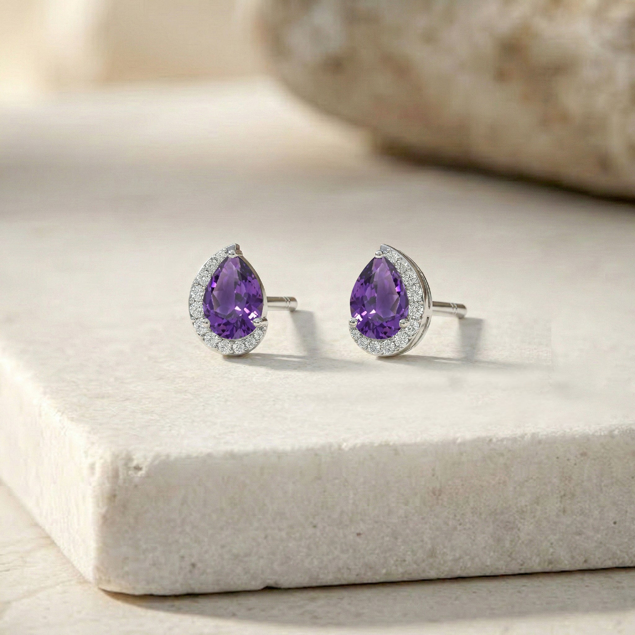 Amethyst Pear Halo Stud Earrings in 925 Sterling Silver 1ct
