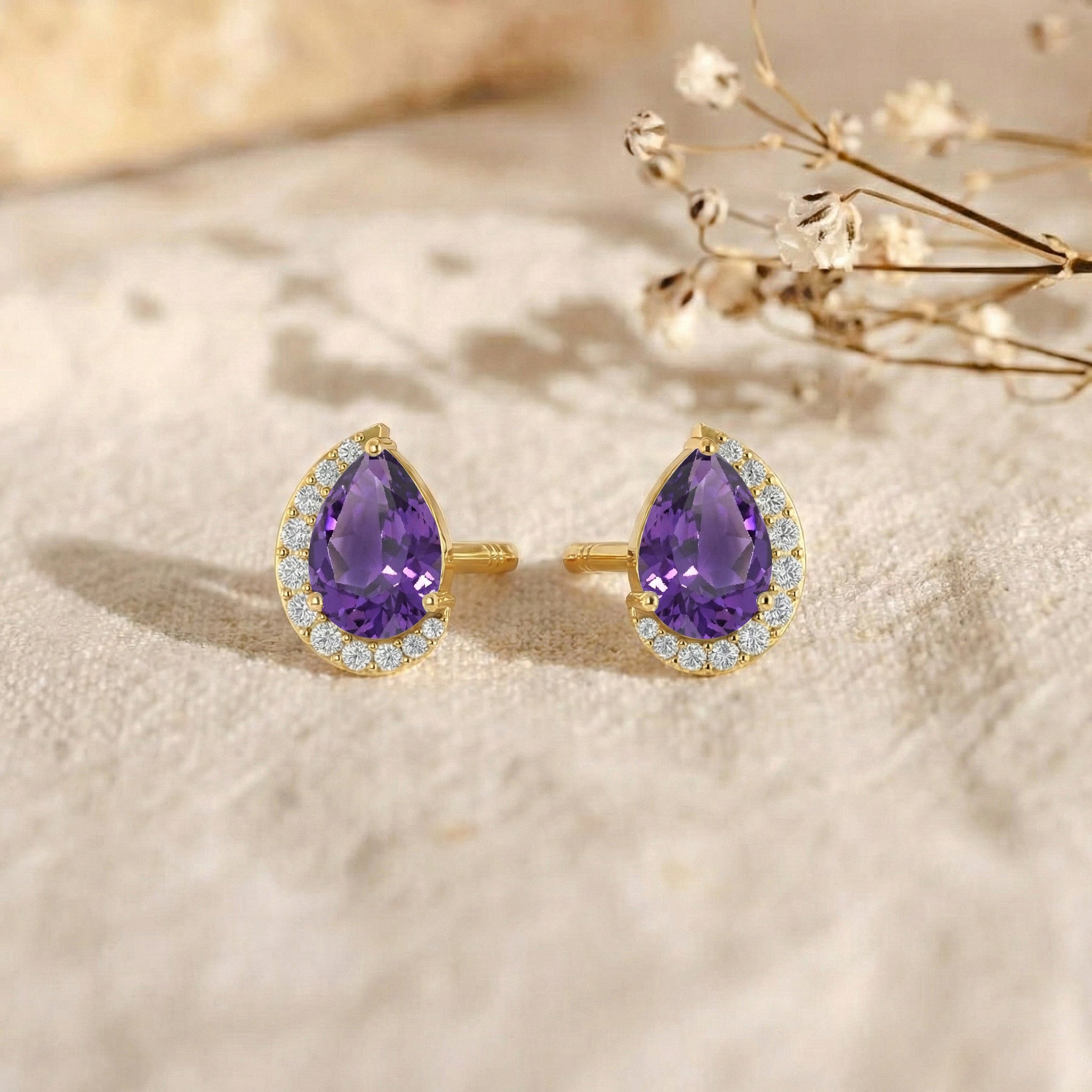 Amethyst Pear Halo Stud Earrings in 925 Sterling Silver 1ct