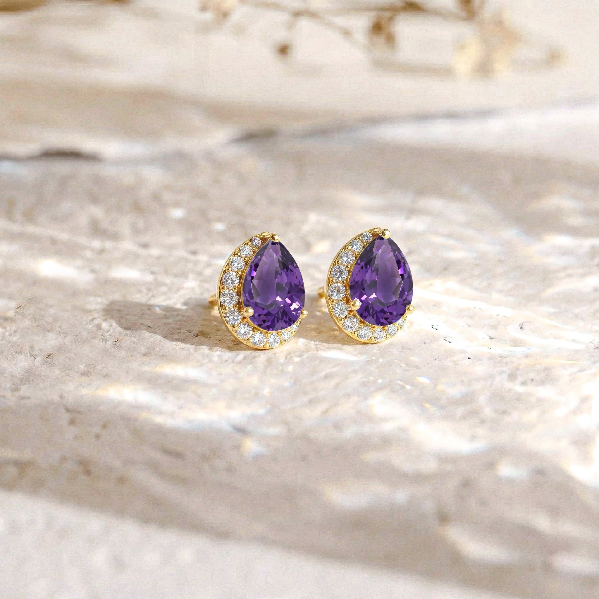 Amethyst Pear Halo Stud Earrings in 925 Sterling Silver 1ct