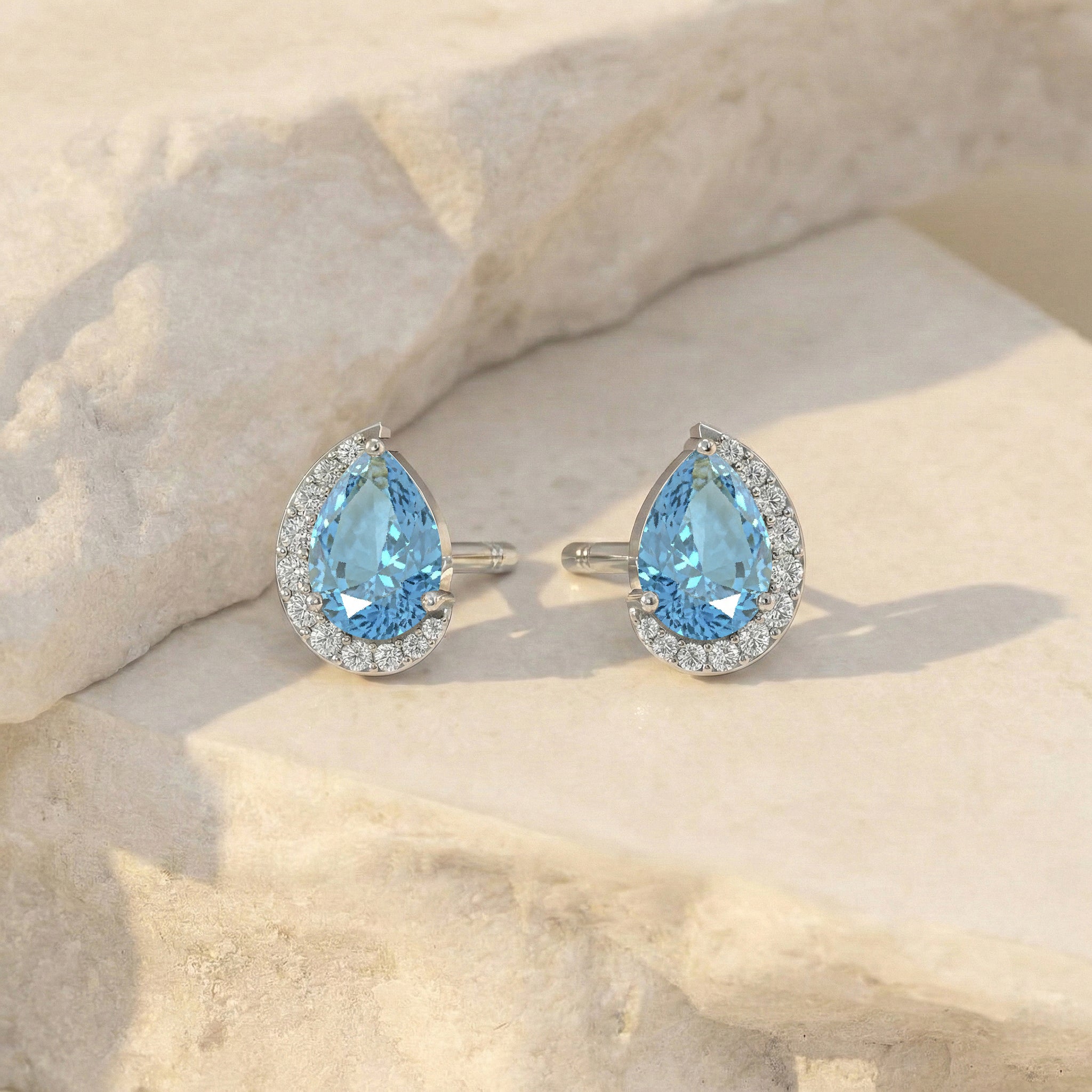 Aquamarine Pear Halo Stud Earrings in 925 Sterling Silver 1ct
