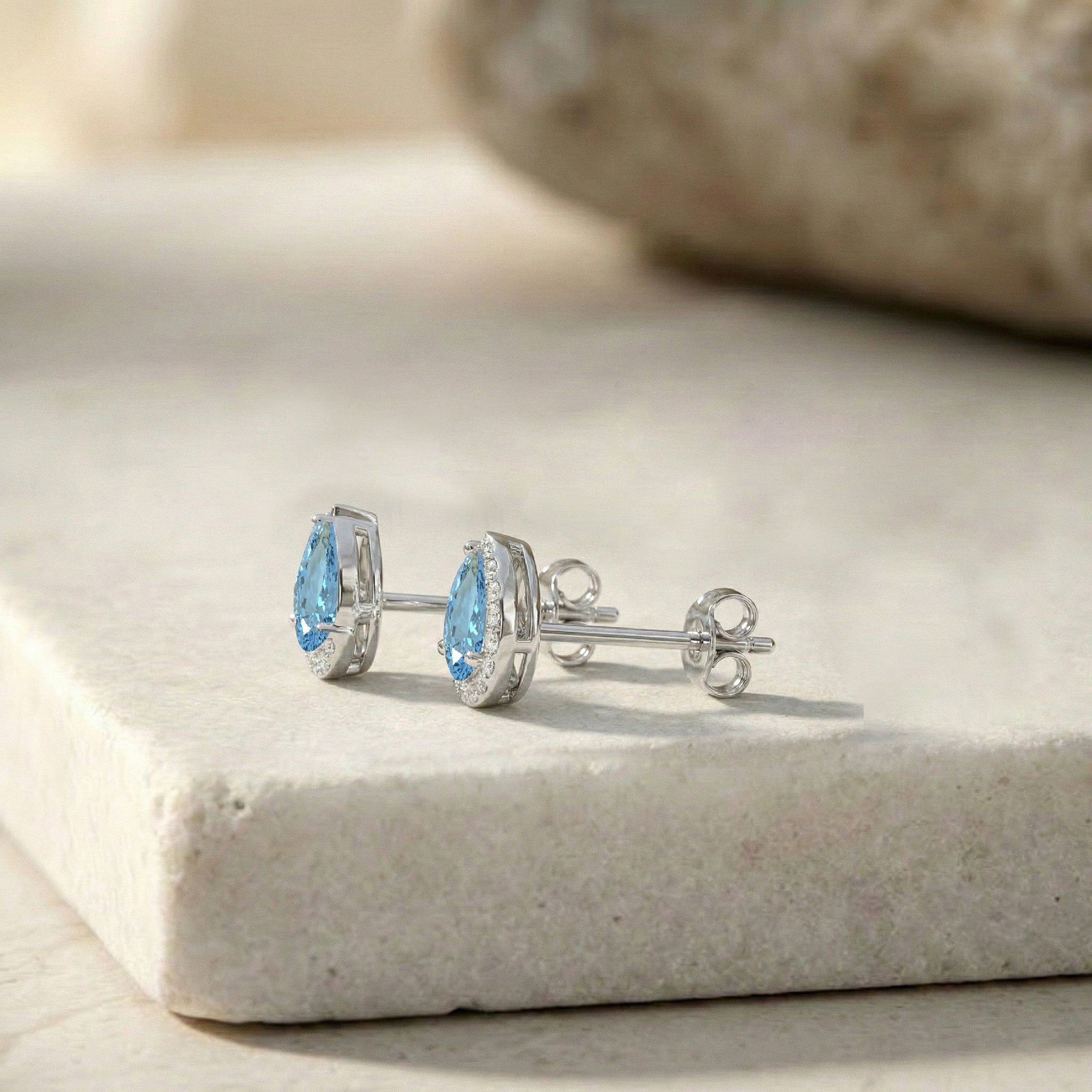 Aquamarine Pear Halo Stud Earrings in 925 Sterling Silver 1ct