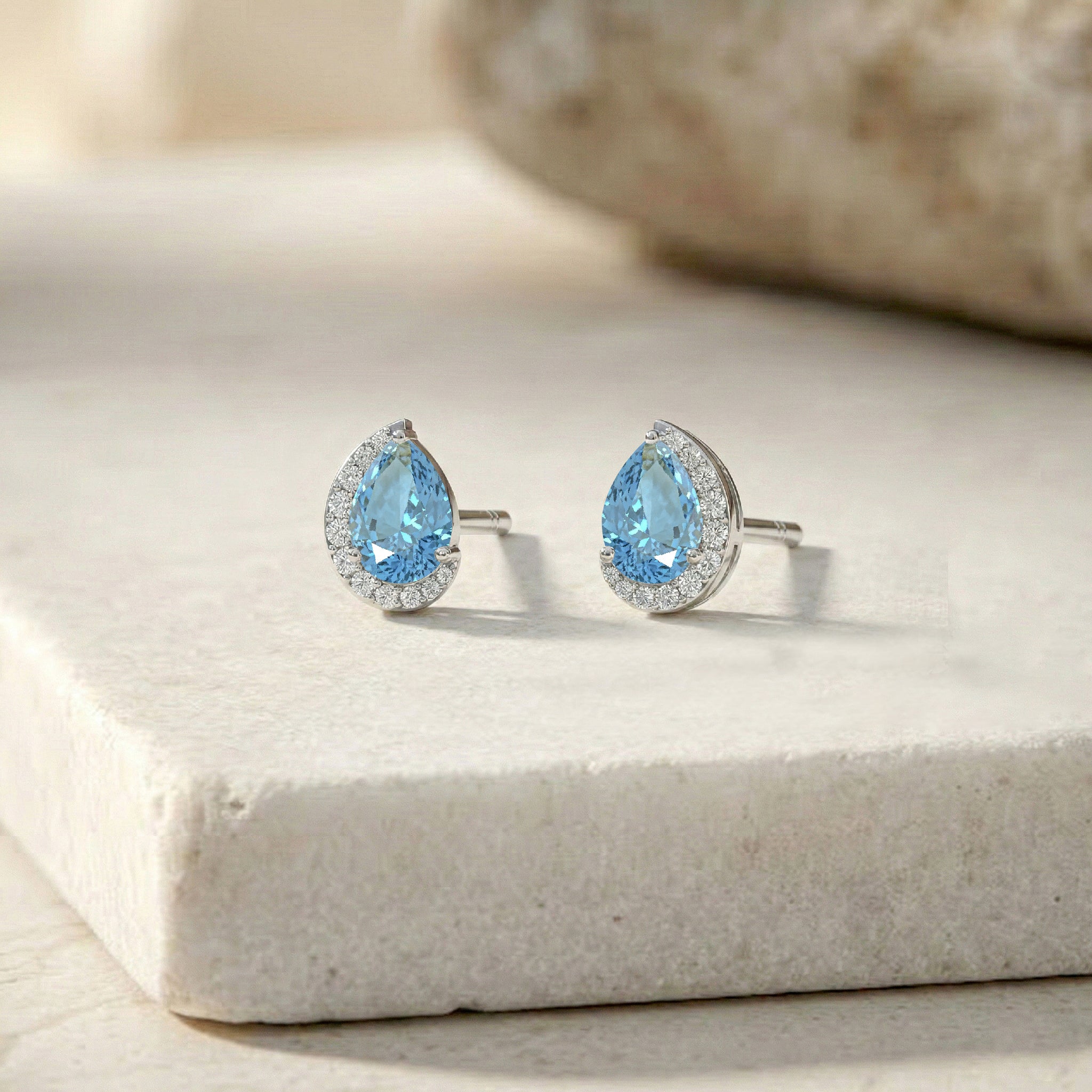 Aquamarine Pear Halo Stud Earrings in 925 Sterling Silver 1ct
