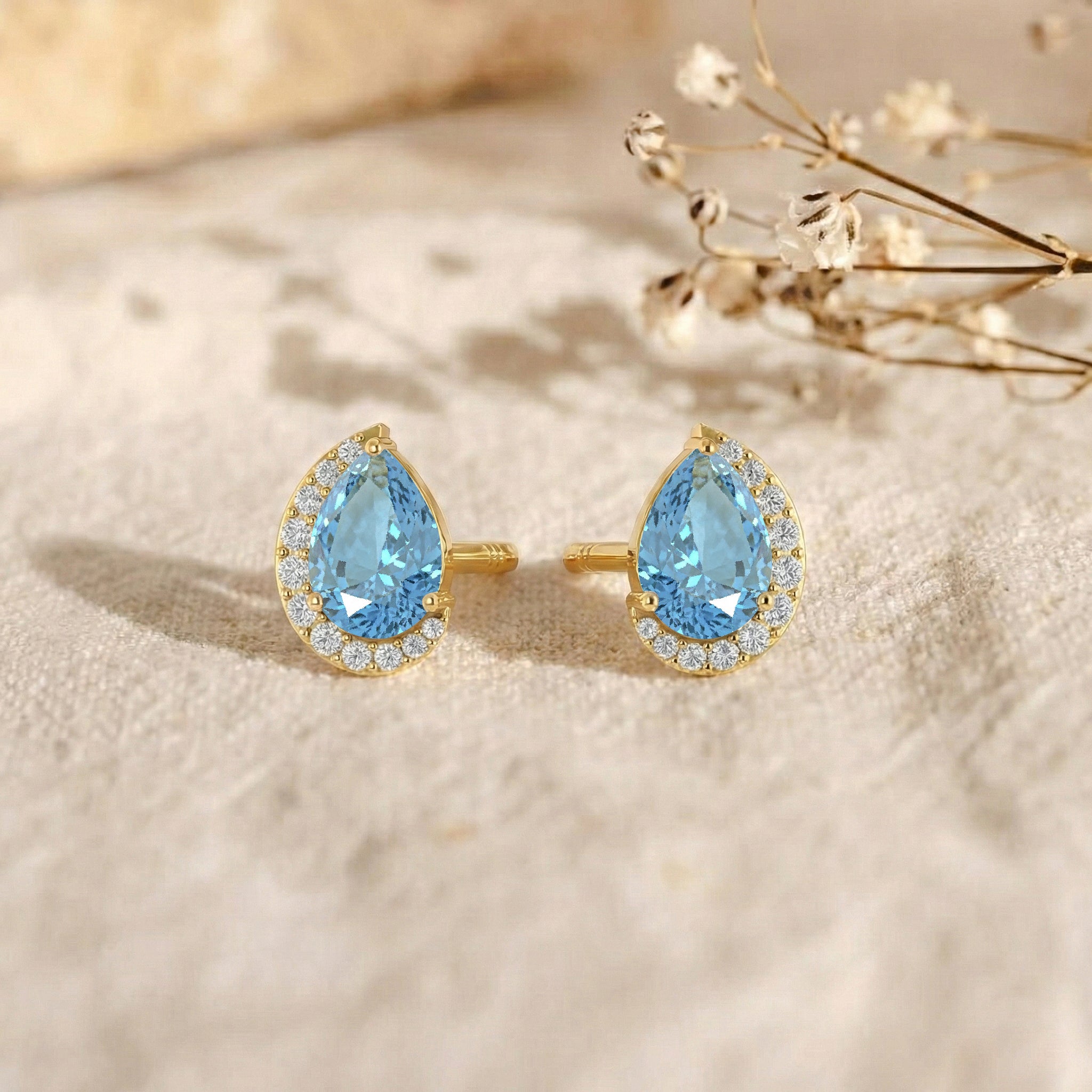 Aquamarine Pear Halo Stud Earrings in 925 Sterling Silver 1ct