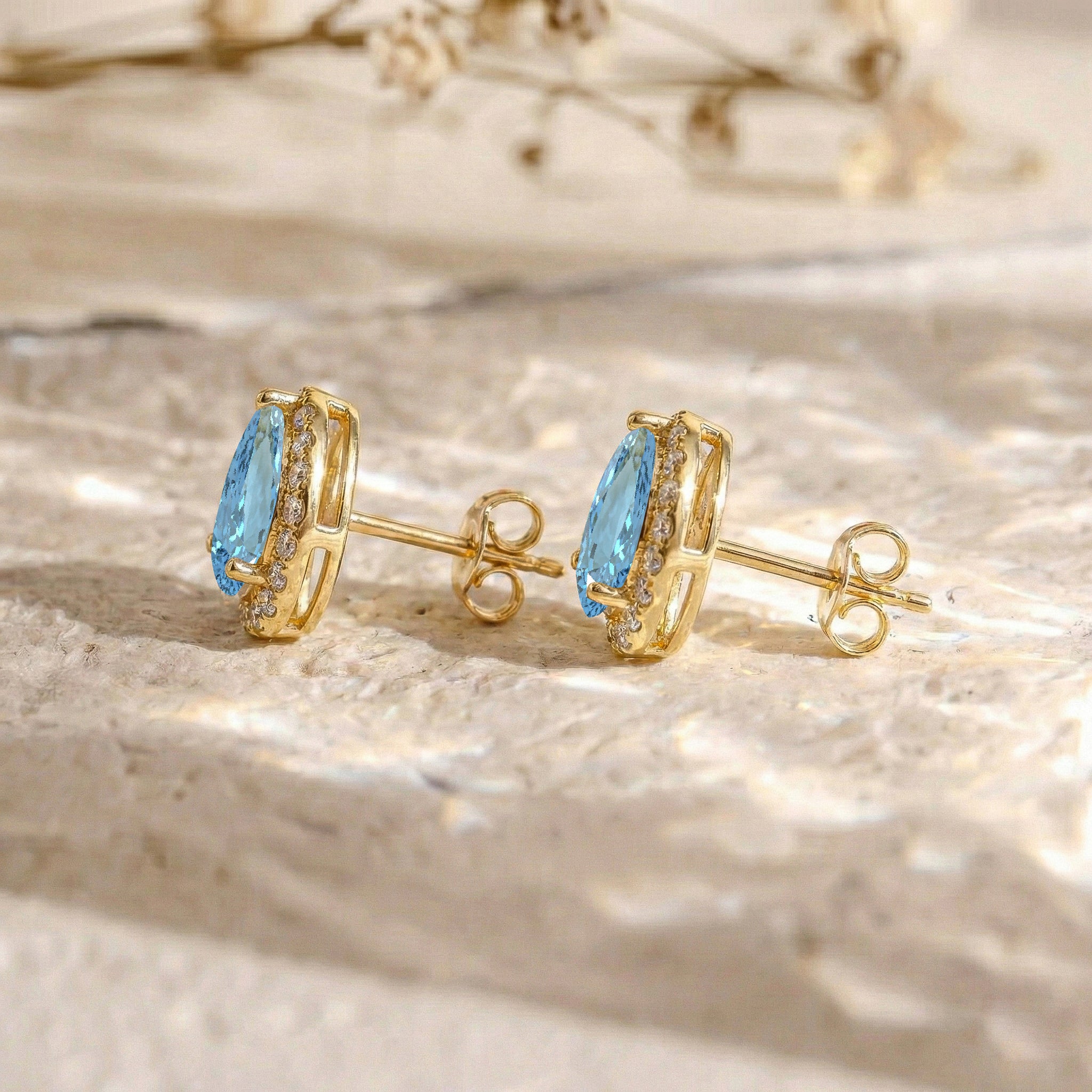 Aquamarine Pear Halo Stud Earrings in 925 Sterling Silver 1ct