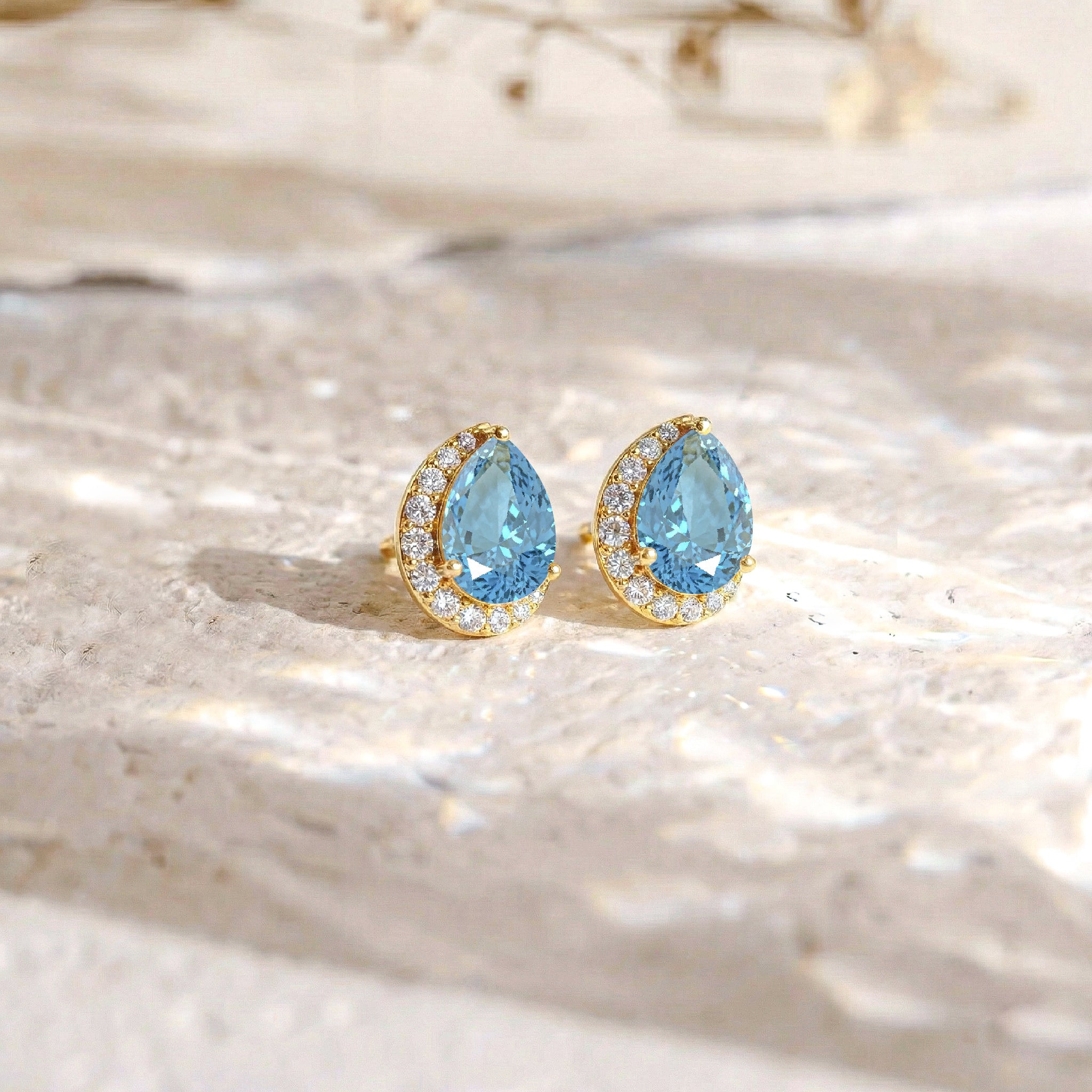 Aquamarine Pear Halo Stud Earrings in 925 Sterling Silver 1ct