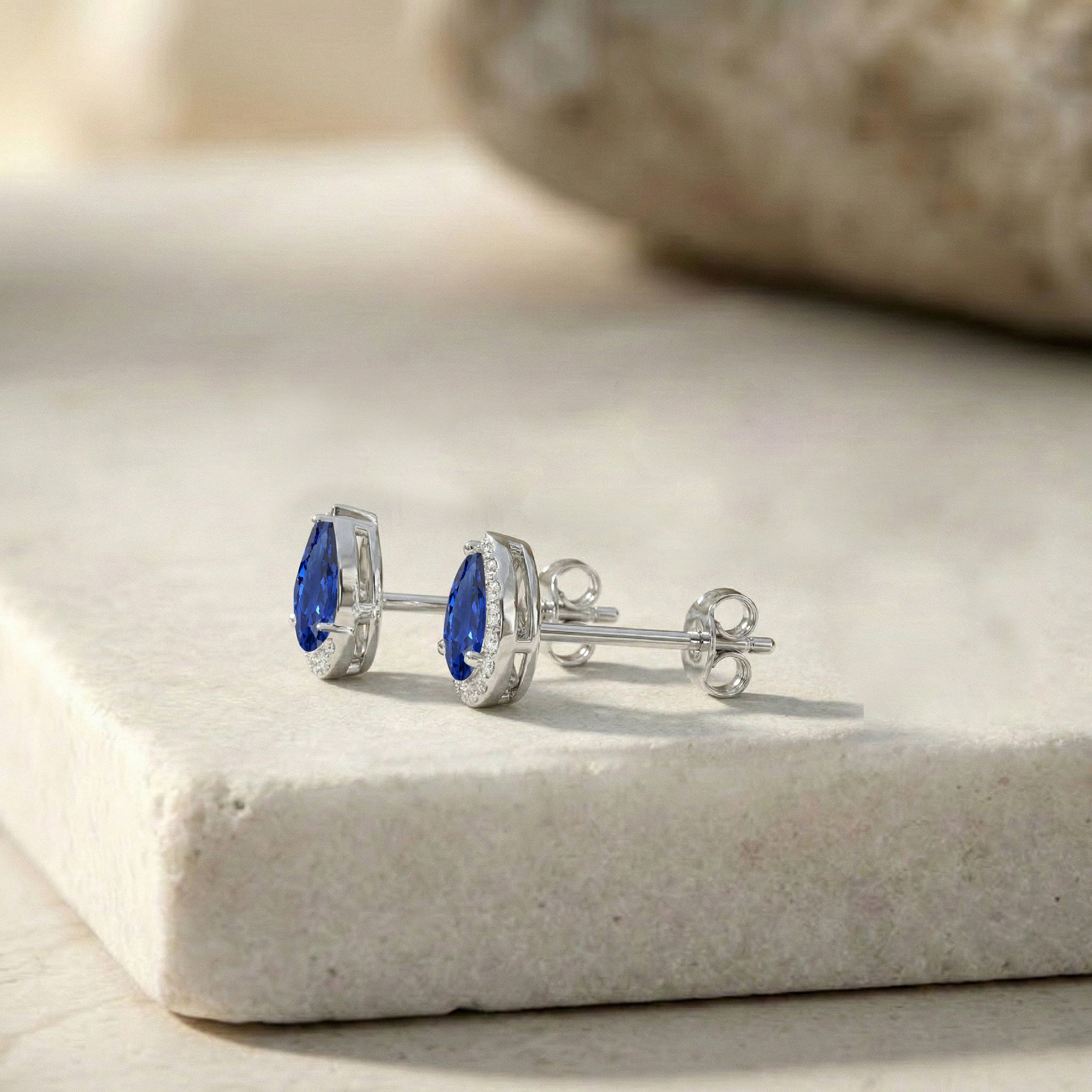 Blue Sapphire Pear Halo Stud Earrings in 925 Sterling Silver 1ct