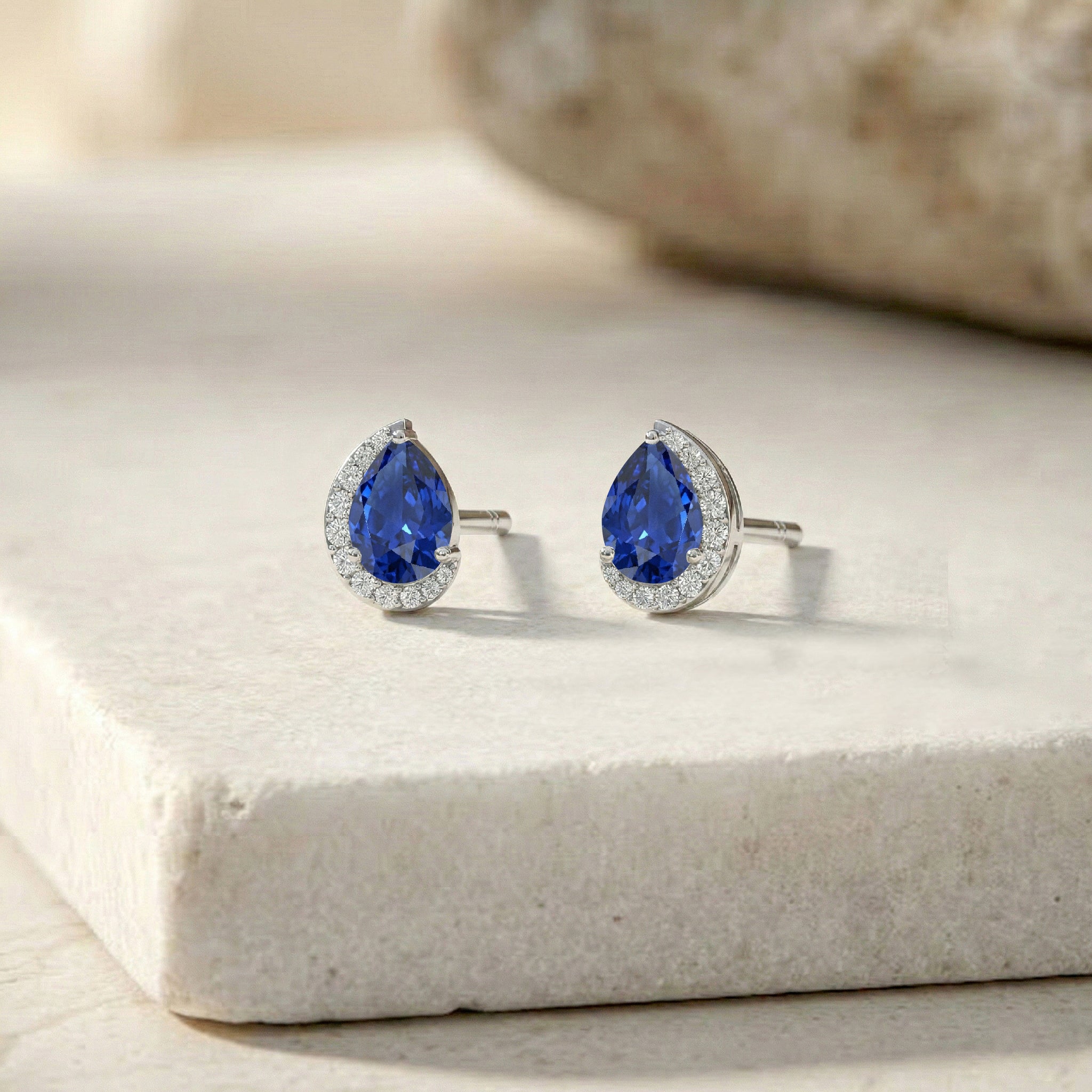 Blue Sapphire Pear Halo Stud Earrings in 925 Sterling Silver 1ct