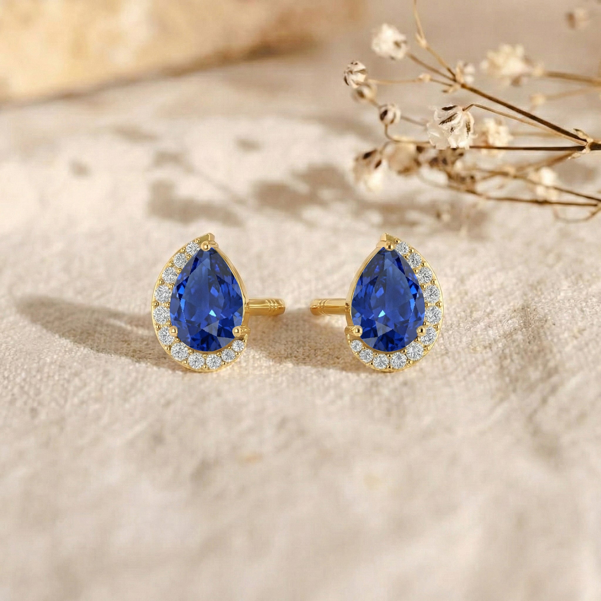 Blue Sapphire Pear Halo Stud Earrings in 925 Sterling Silver 1ct