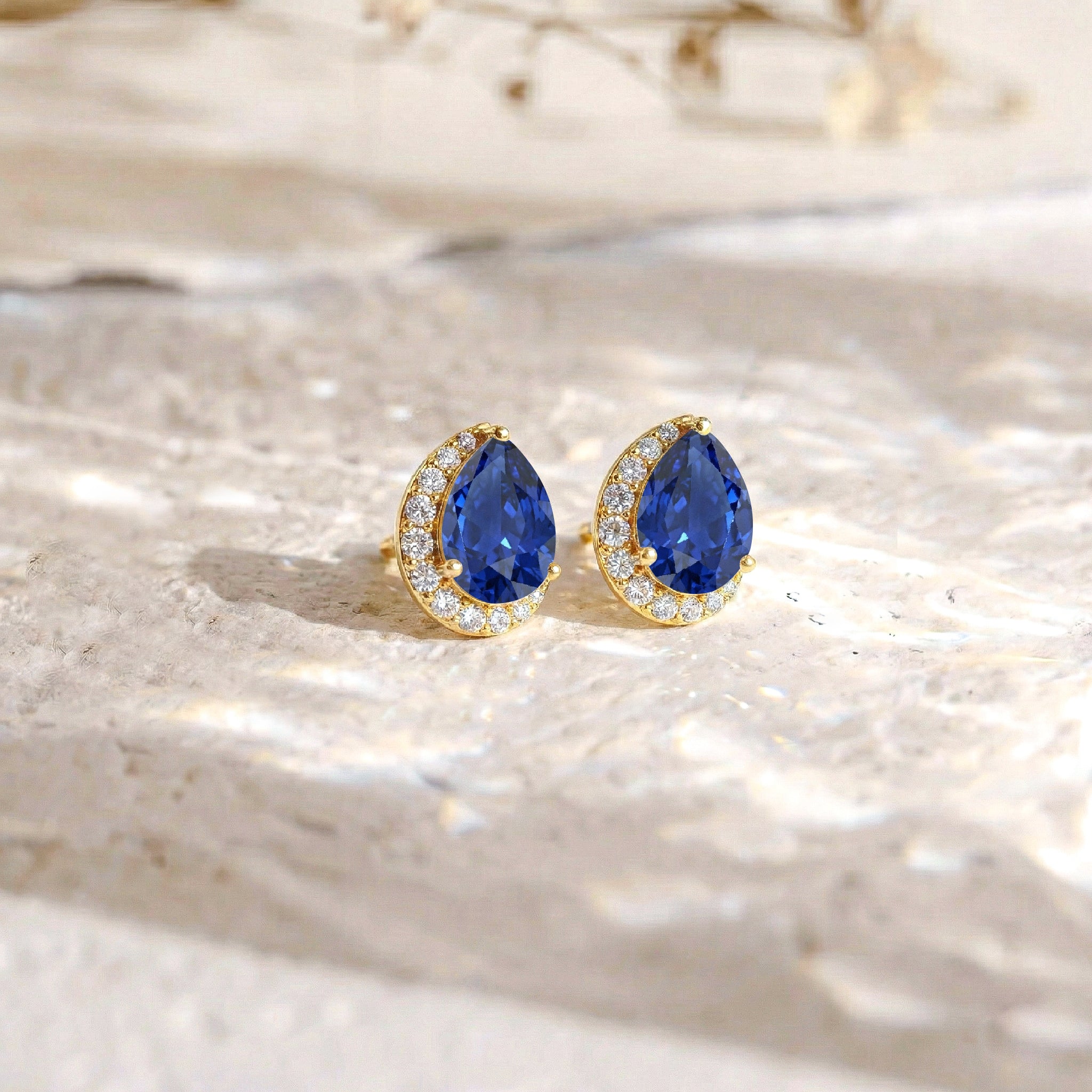 Blue Sapphire Pear Halo Stud Earrings in 925 Sterling Silver 1ct