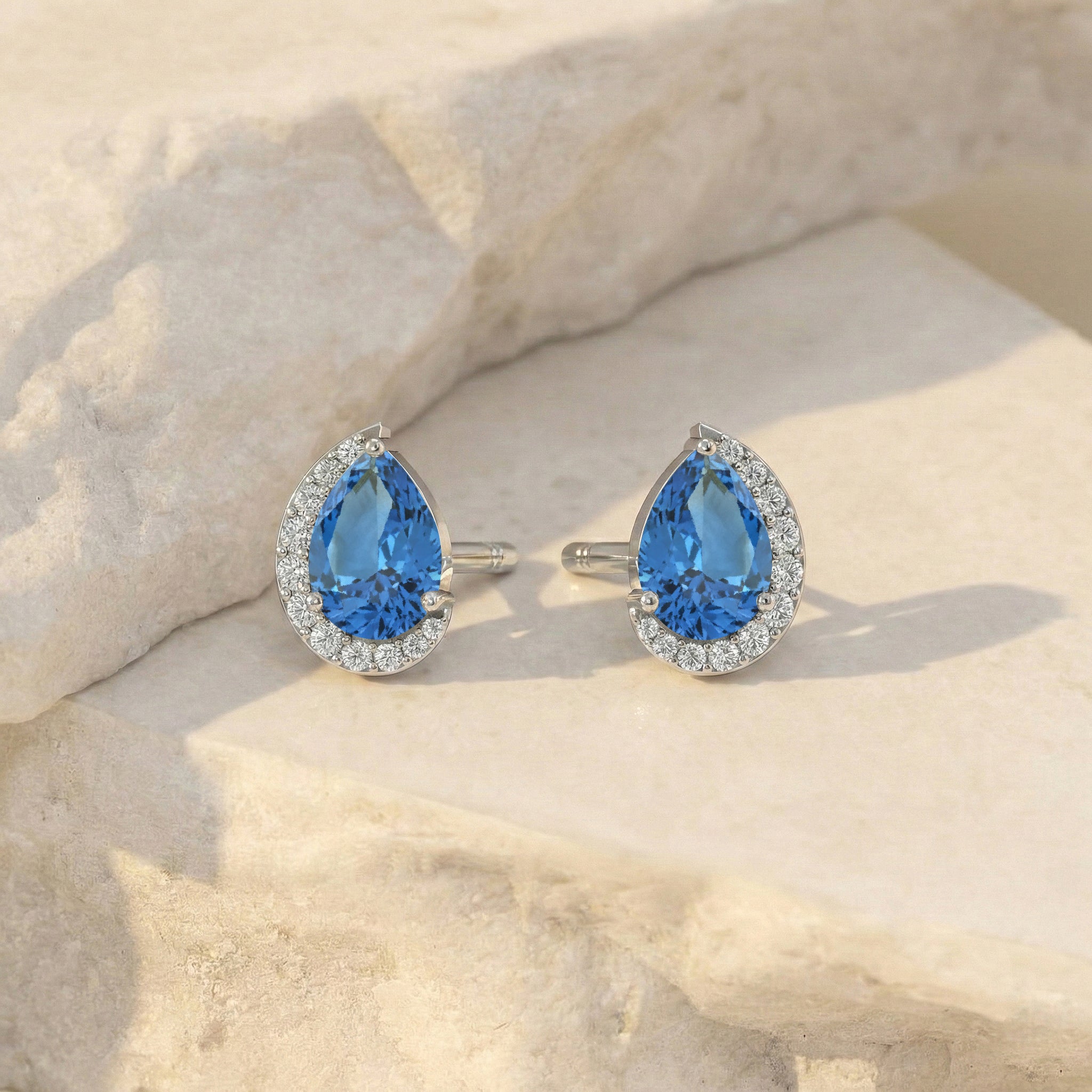 Blue Topaz Pear Halo Stud Earrings in 925 Sterling Silver 1ct