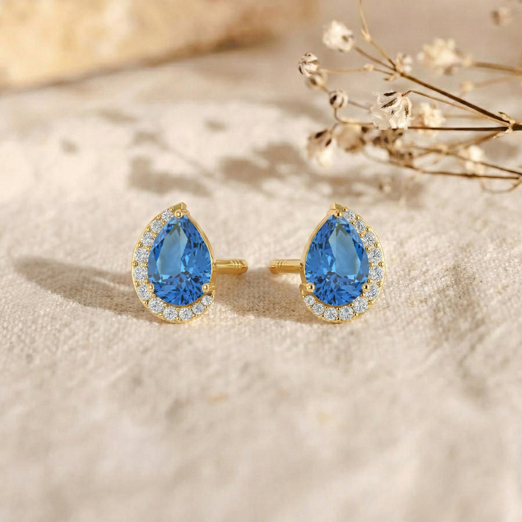 Blue Topaz Pear Halo Stud Earrings in 925 Sterling Silver 1ct