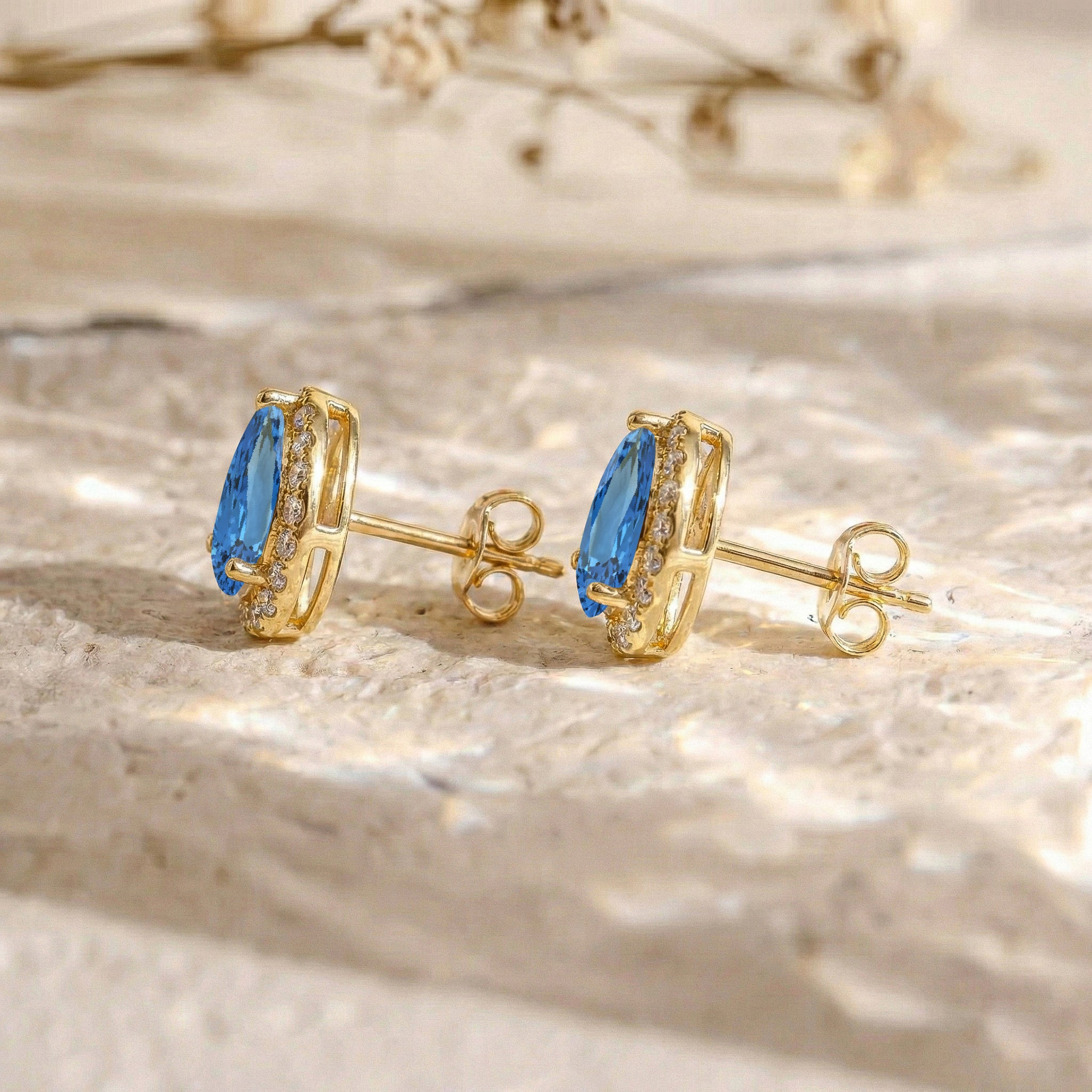 Blue Topaz Pear Halo Stud Earrings in 925 Sterling Silver 1ct
