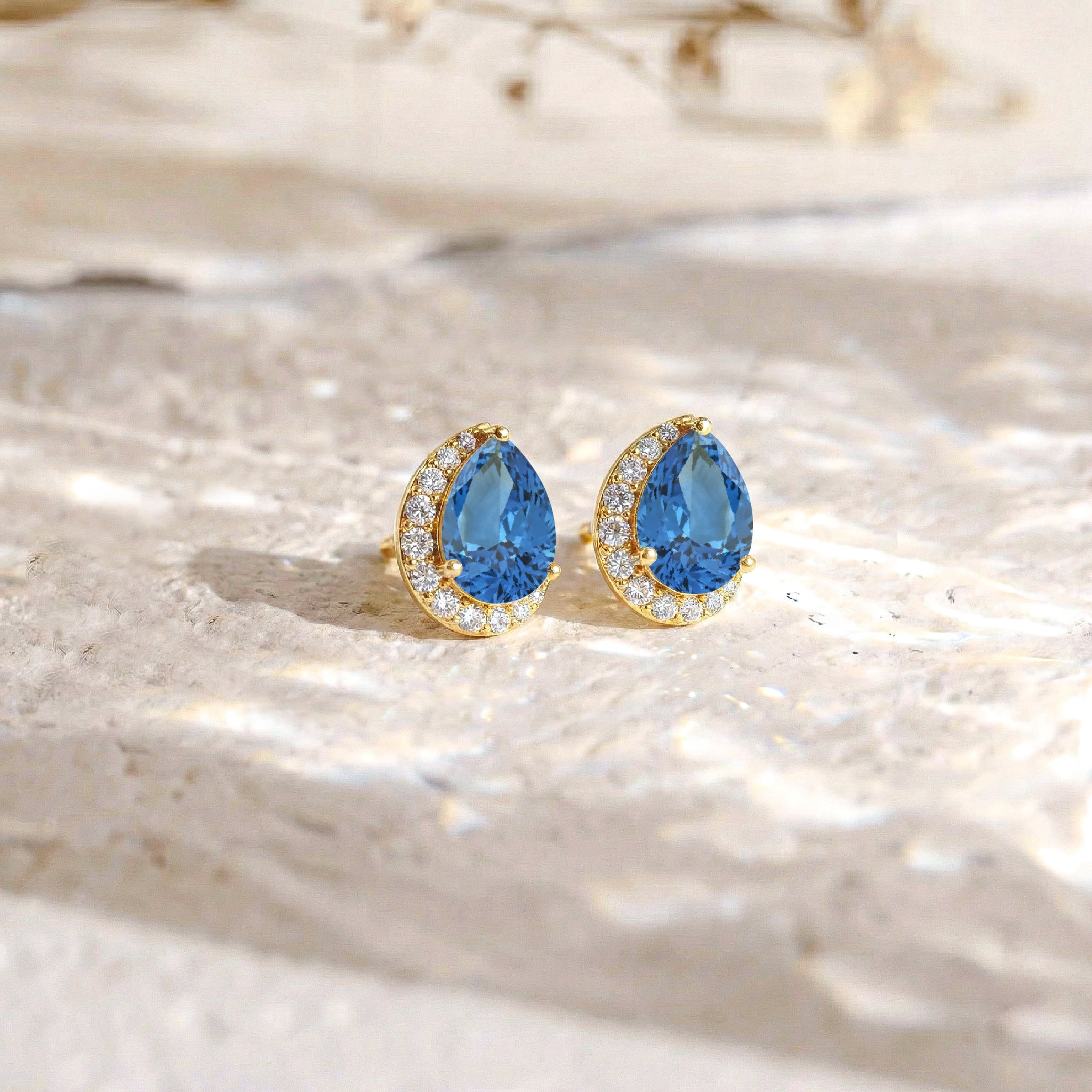 Blue Topaz Pear Halo Stud Earrings in 925 Sterling Silver 1ct