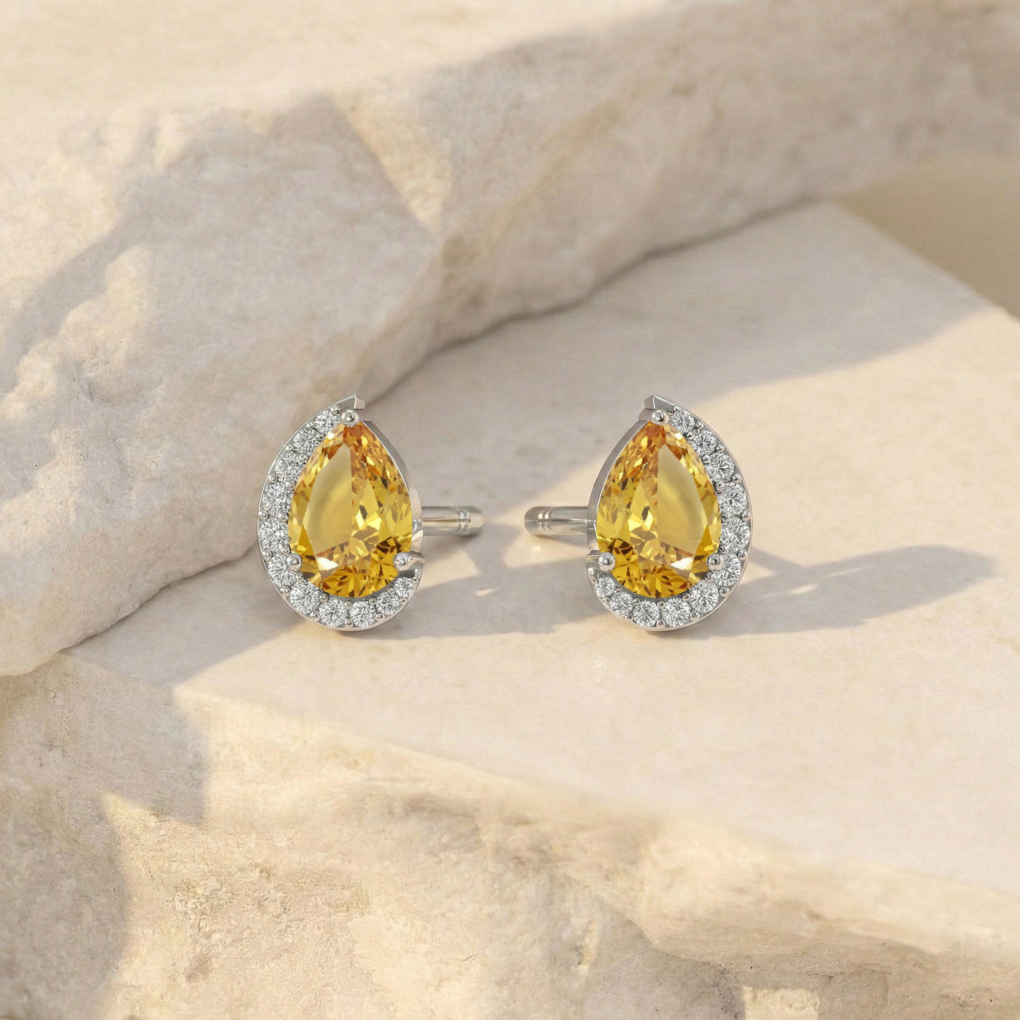 Citrine Pear Halo Stud Earrings in 925 Sterling Silver 1ct
