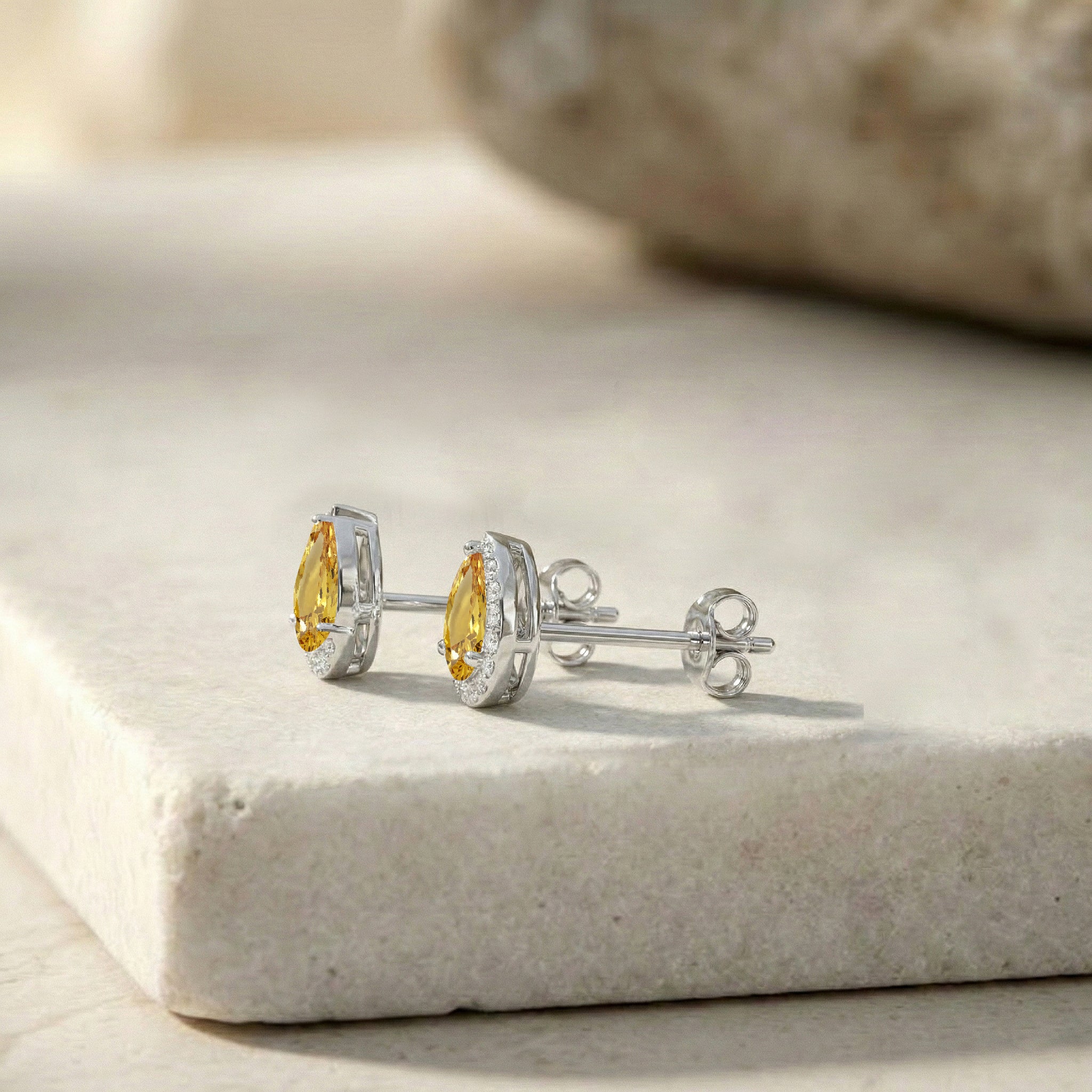 Citrine Pear Halo Stud Earrings in 925 Sterling Silver 1ct