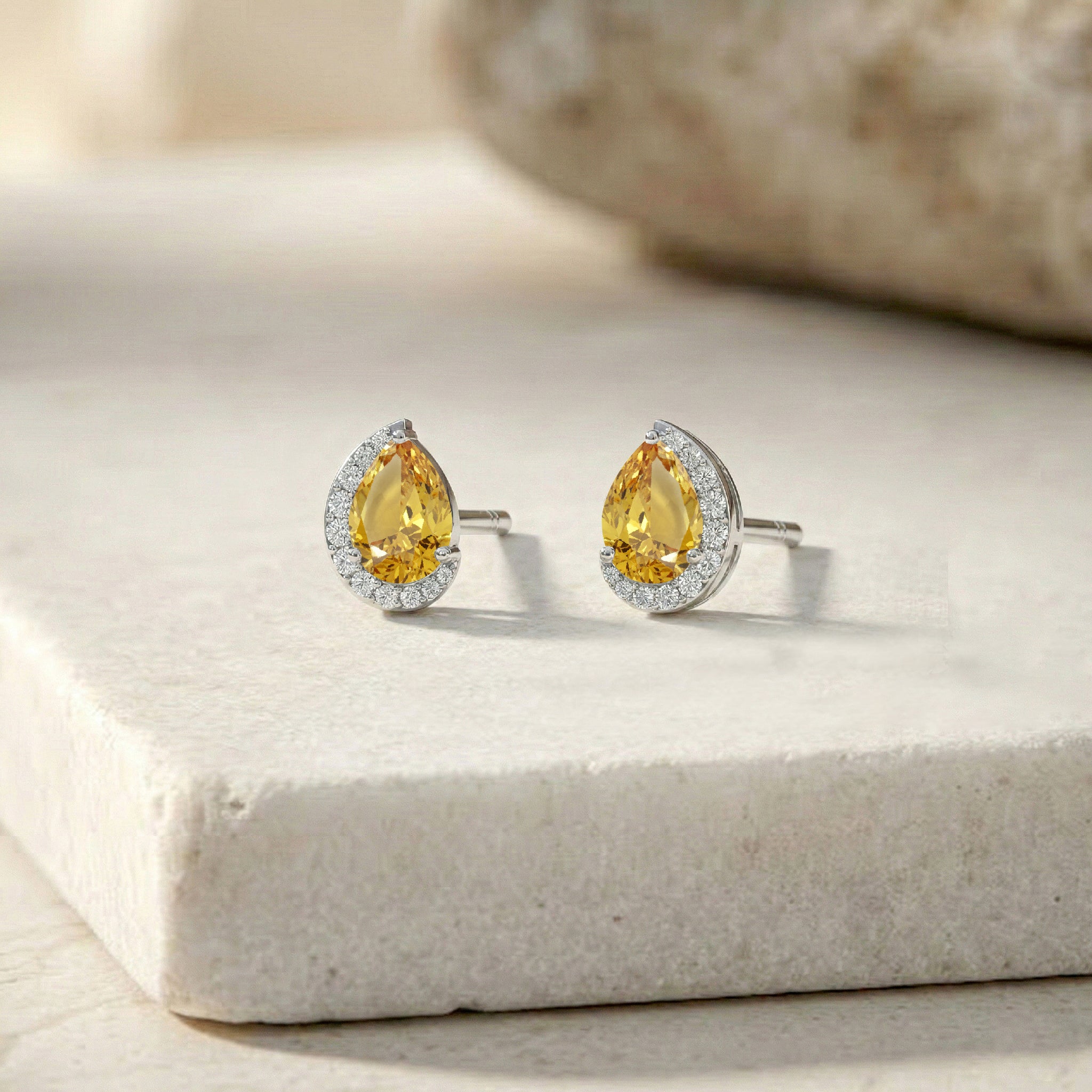 Citrine Pear Halo Stud Earrings in 925 Sterling Silver 1ct