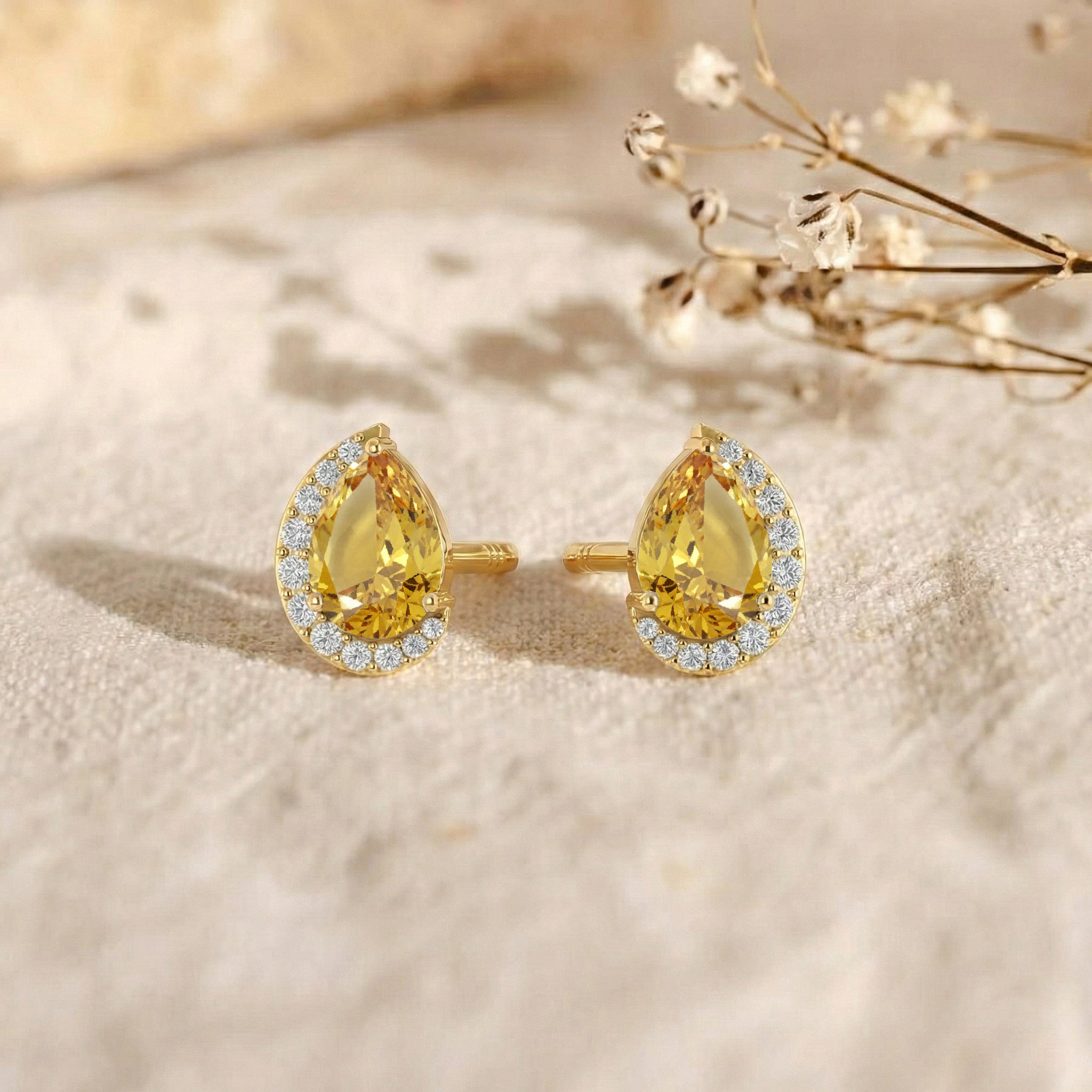Citrine Pear Halo Stud Earrings in 925 Sterling Silver 1ct
