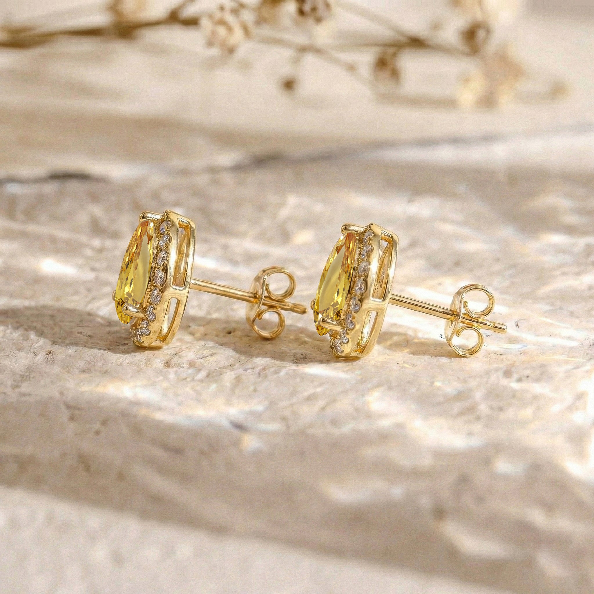 Citrine Pear Halo Stud Earrings in 925 Sterling Silver 1ct