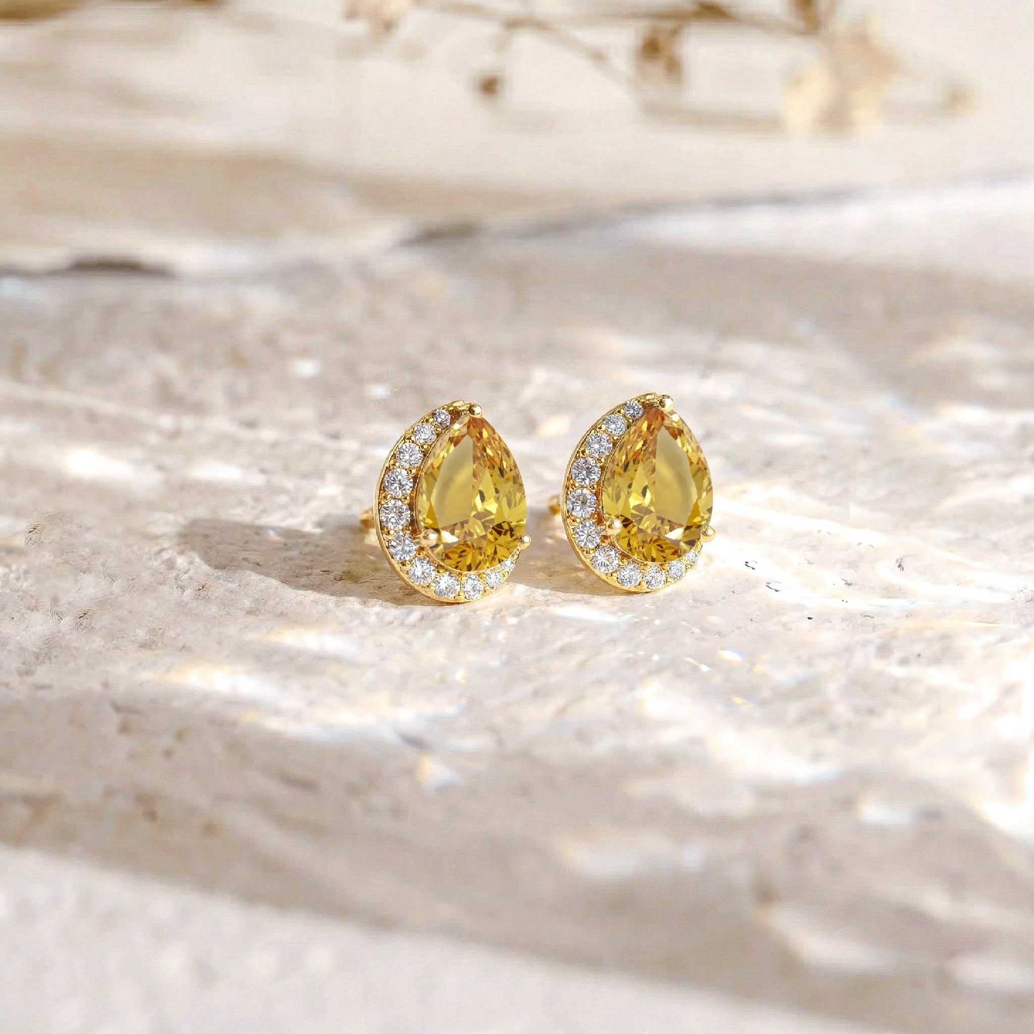 Citrine Pear Halo Stud Earrings in 925 Sterling Silver 1ct