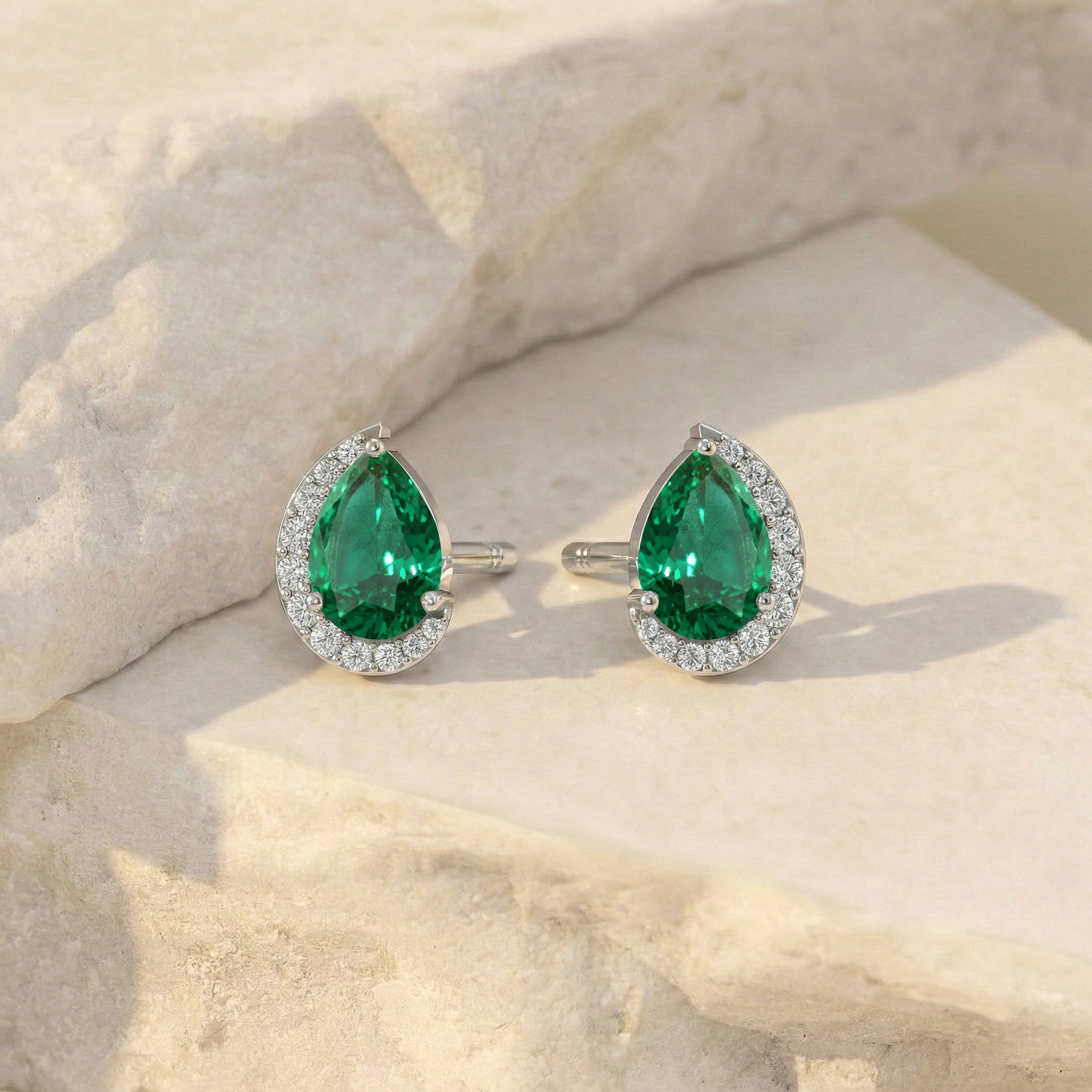 Emerald Pear Halo Stud Earrings in 925 Sterling Silver 1ct