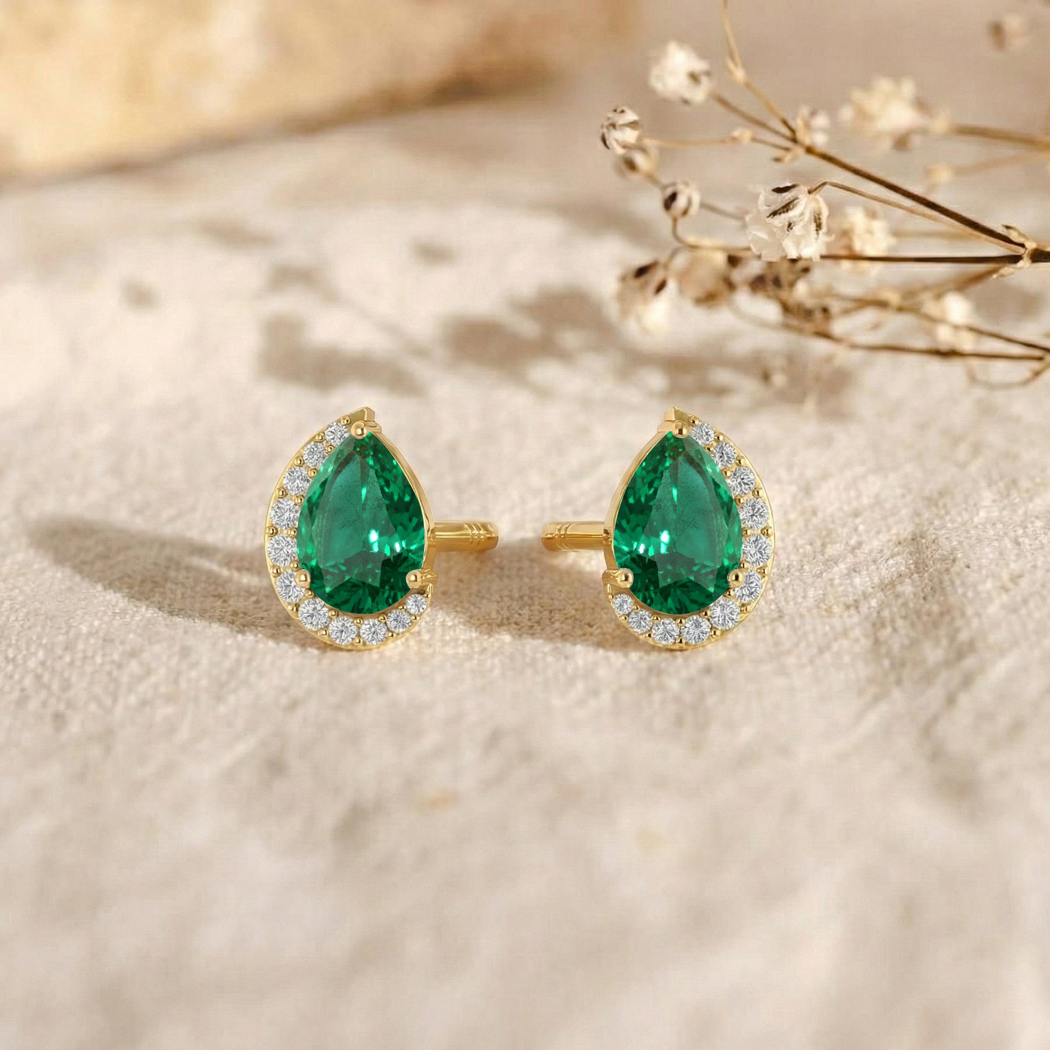 Emerald Pear Halo Stud Earrings in 925 Sterling Silver 1ct