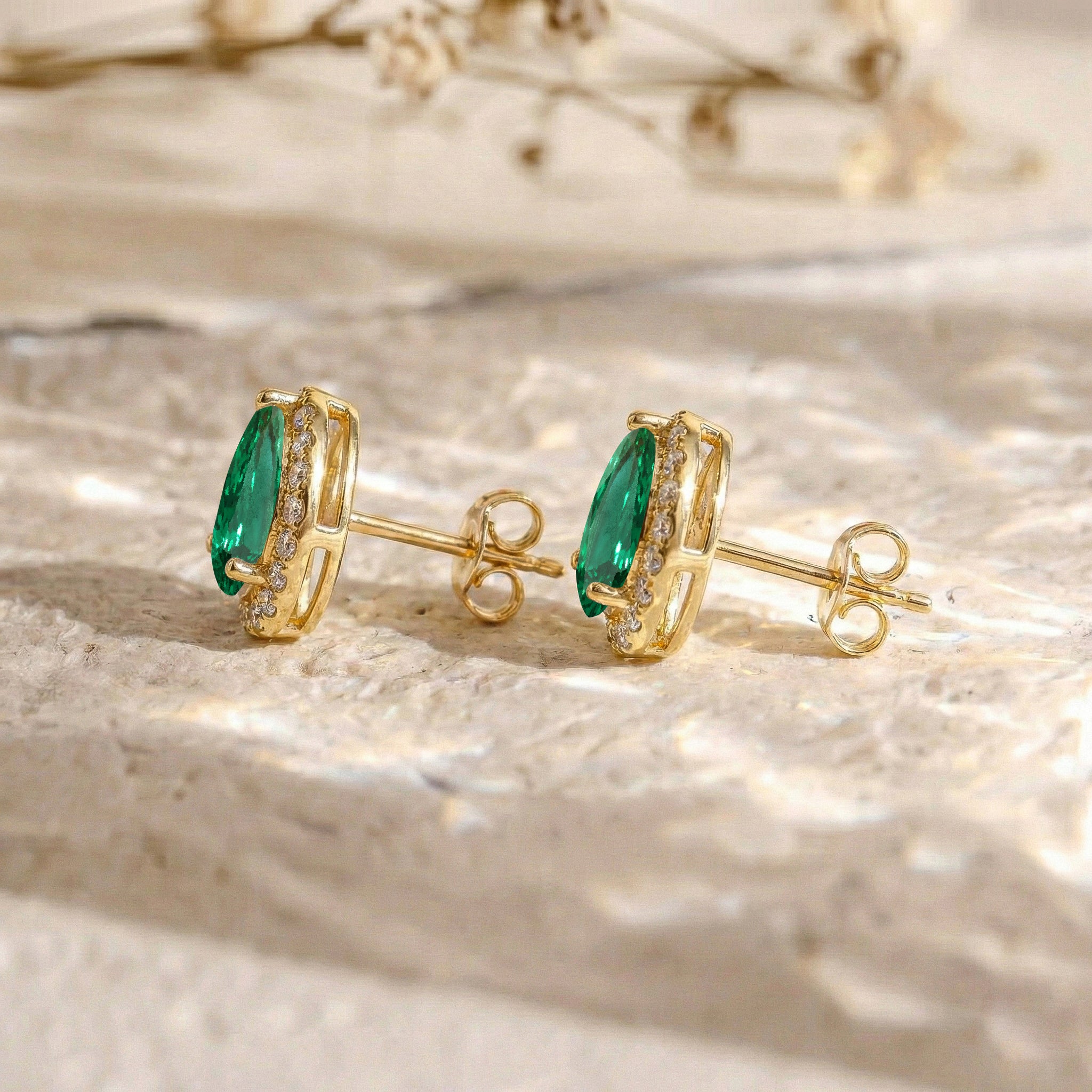 Emerald Pear Halo Stud Earrings in 925 Sterling Silver 1ct