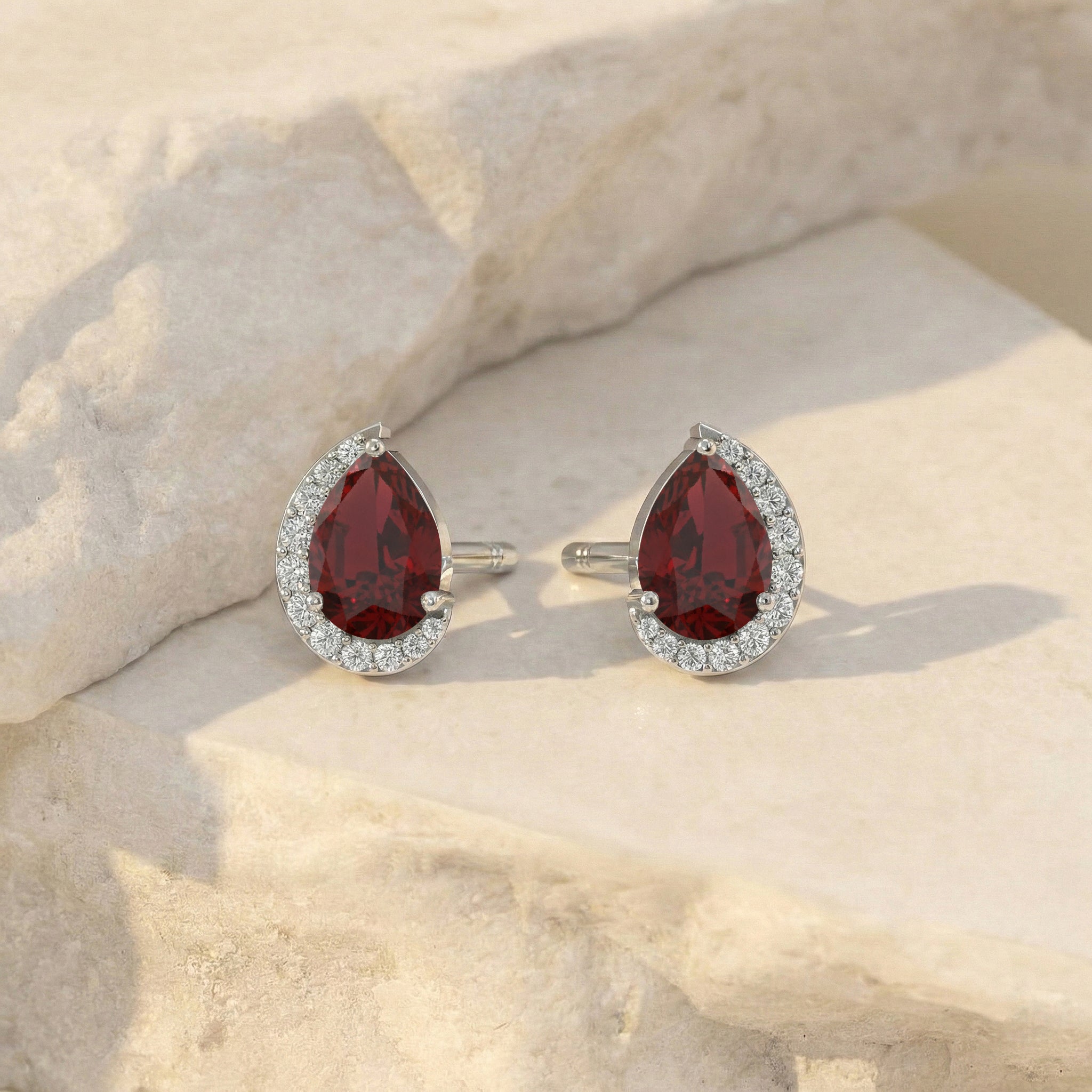 Garnet Pear Halo Stud Earrings in 925 Sterling Silver 1ct