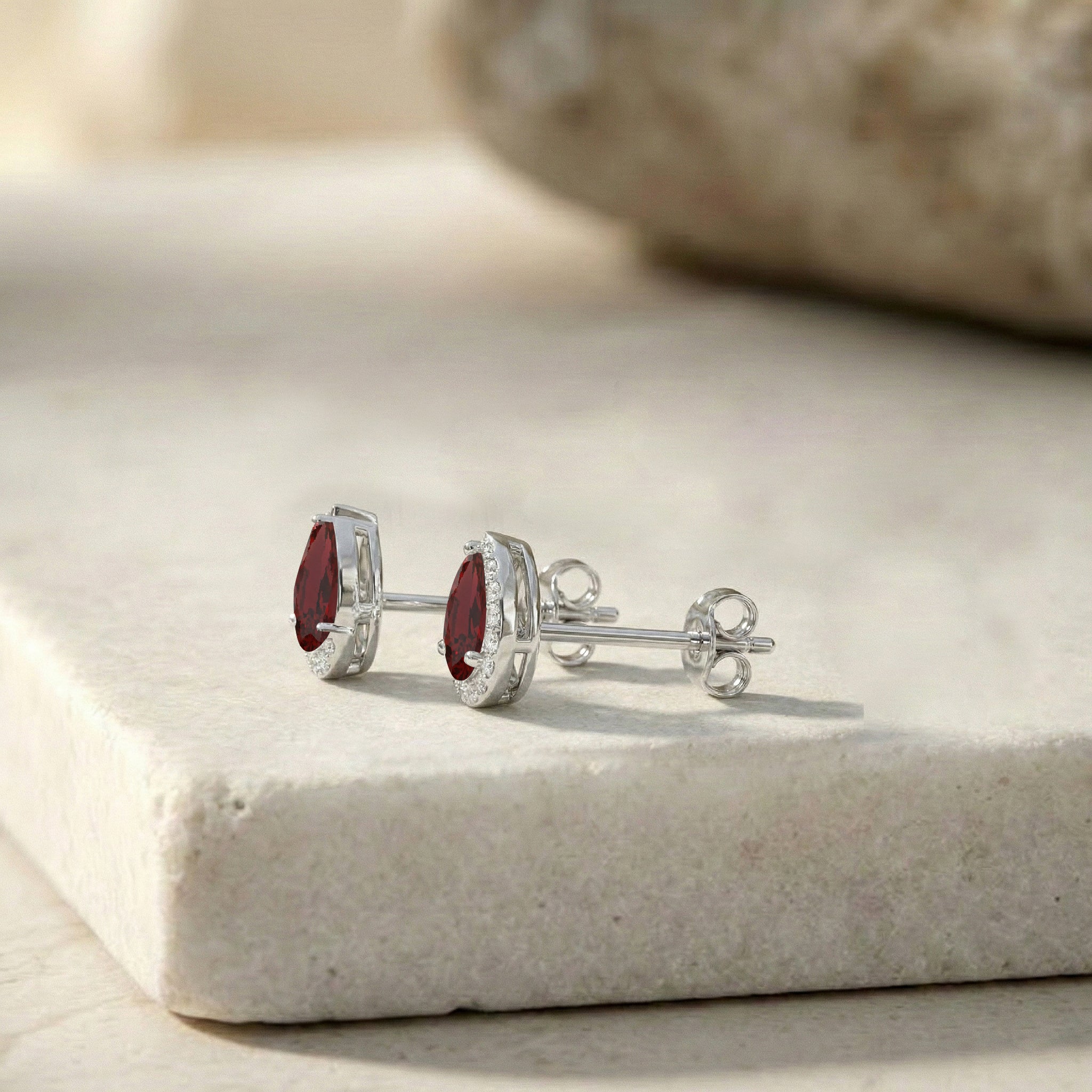 Garnet Pear Halo Stud Earrings in 925 Sterling Silver 1ct