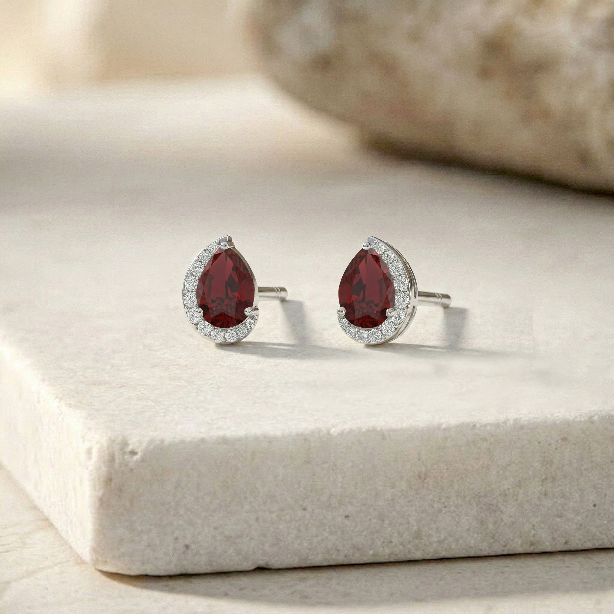 Garnet Pear Halo Stud Earrings in 925 Sterling Silver 1ct