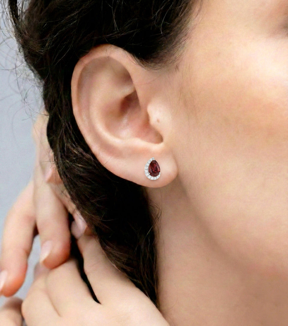 Garnet Pear Halo Stud Earrings in 925 Sterling Silver 1ct