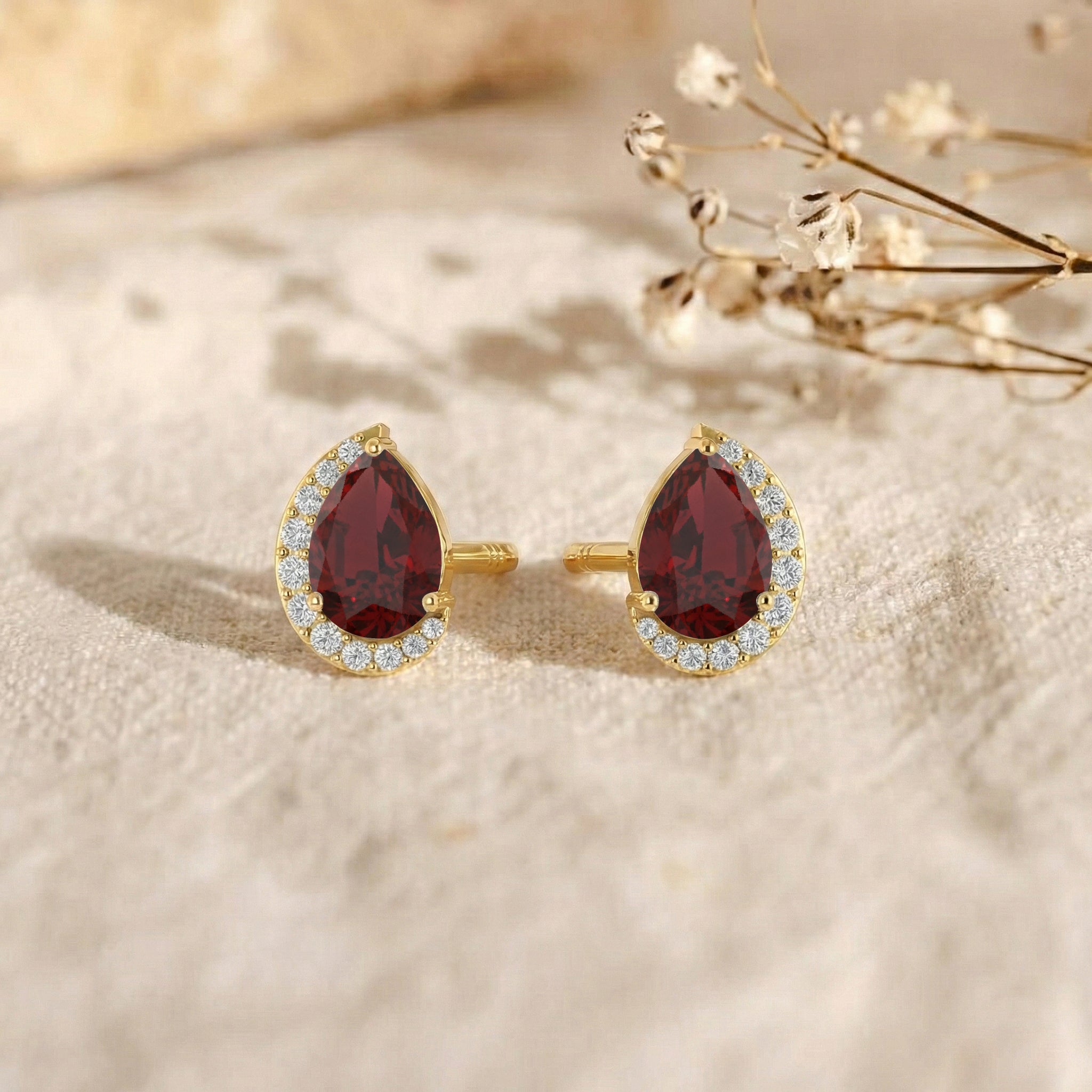 Garnet Pear Halo Stud Earrings in 925 Sterling Silver 1ct