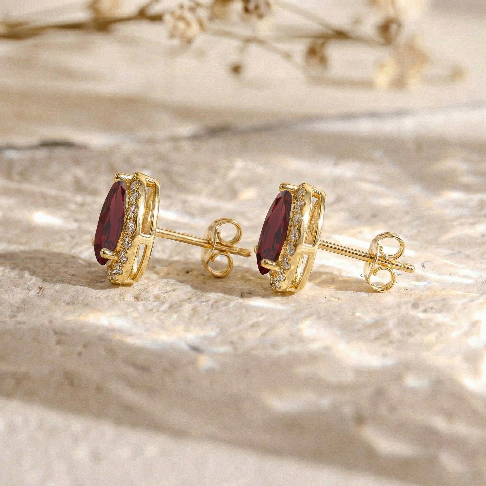 Garnet Pear Halo Stud Earrings in 925 Sterling Silver 1ct