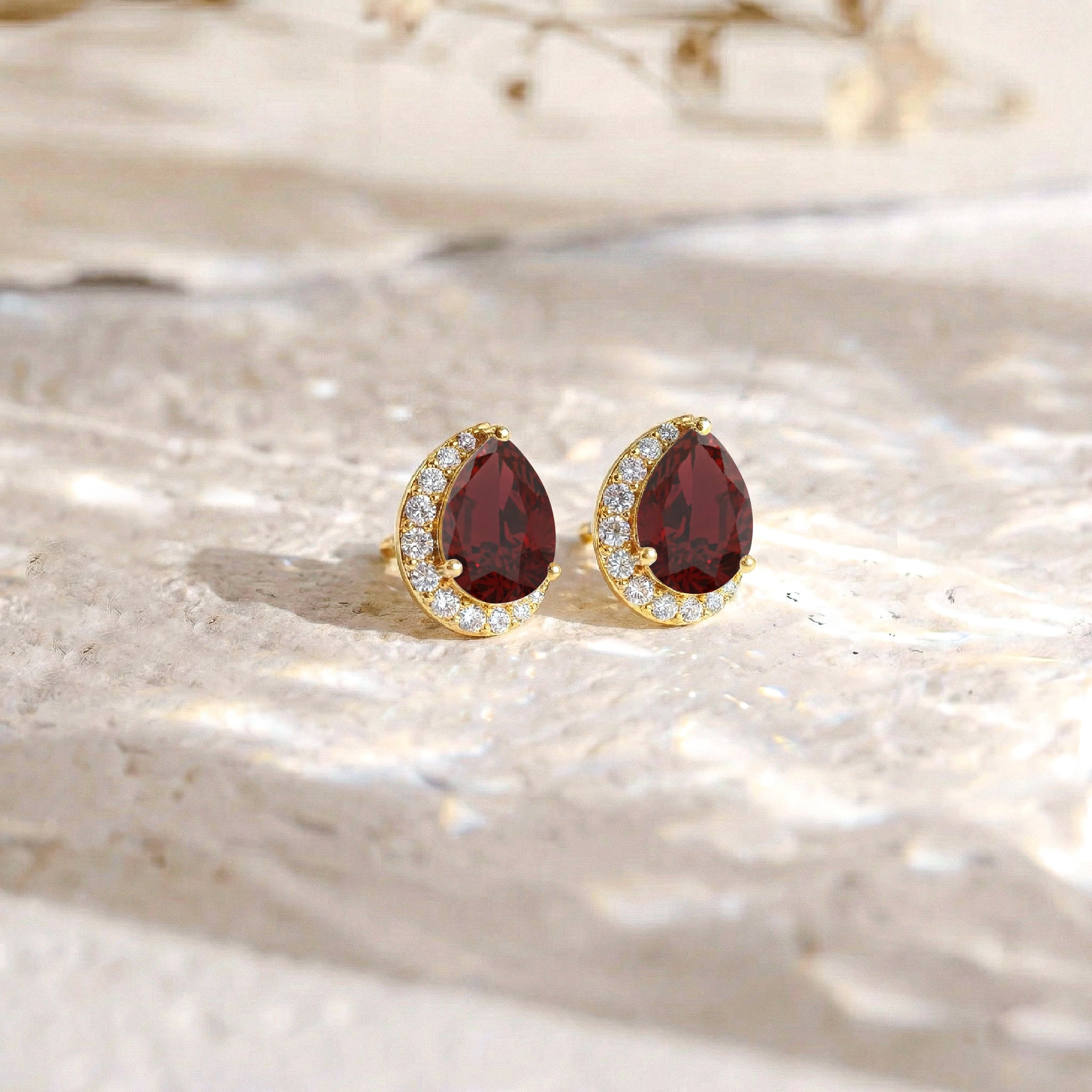 Garnet Pear Halo Stud Earrings in 925 Sterling Silver 1ct