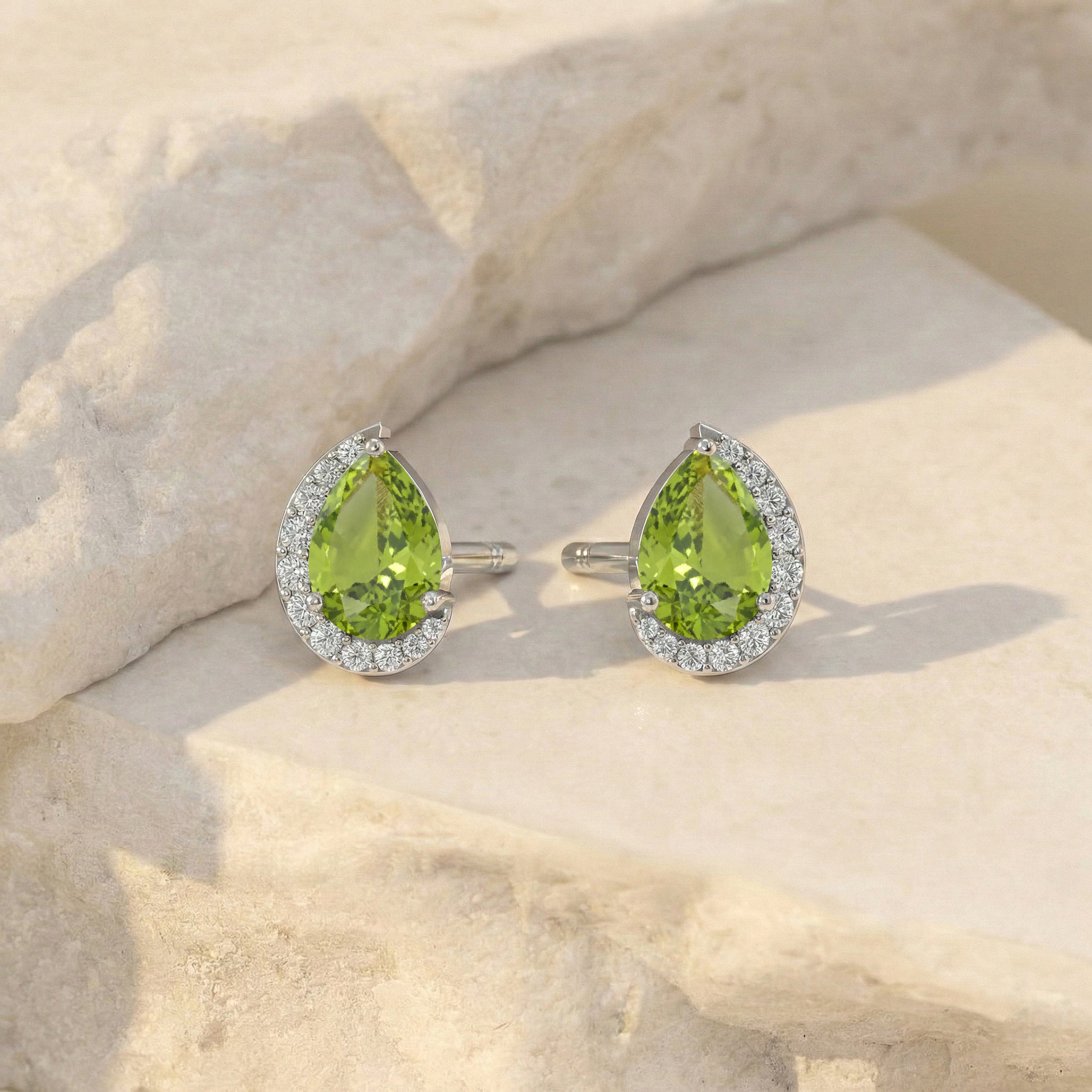 Peridot Pear Halo Stud Earrings in 925 Sterling Silver 1ct