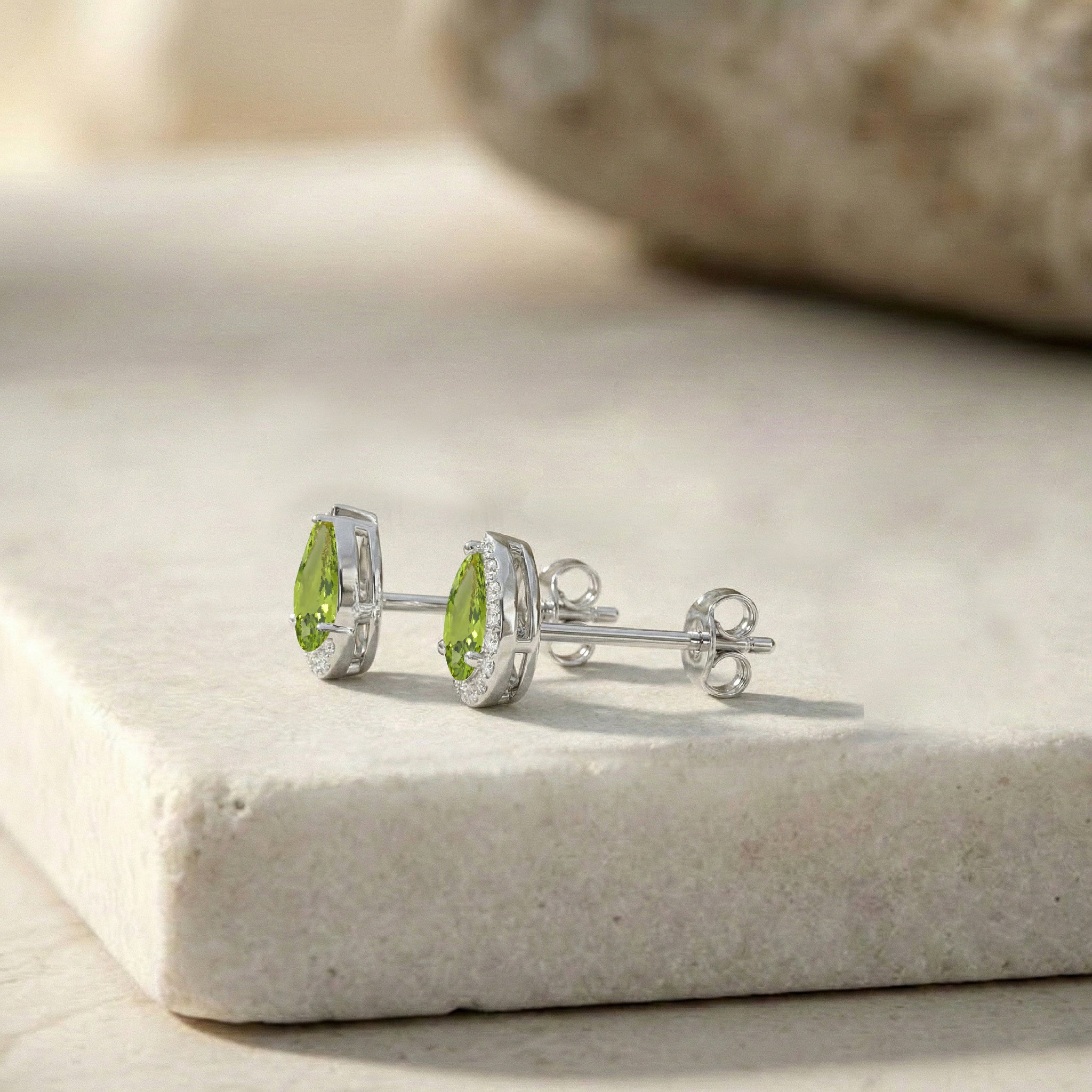 Peridot Pear Halo Stud Earrings in 925 Sterling Silver 1ct