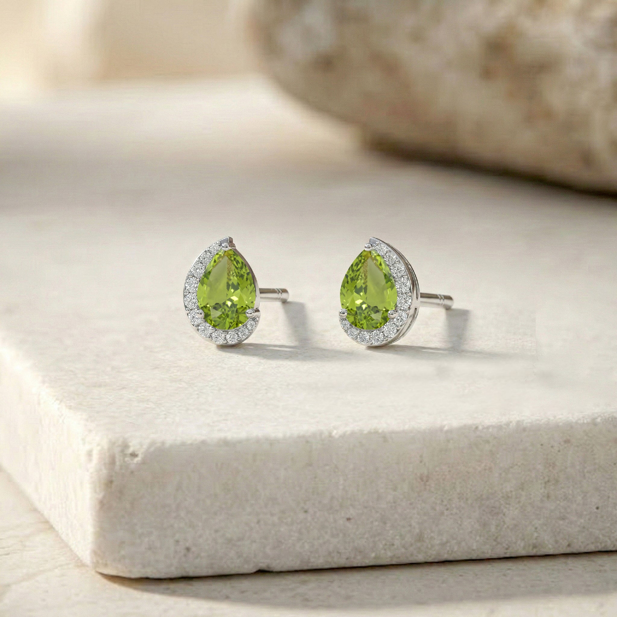 Peridot Pear Halo Stud Earrings in 925 Sterling Silver 1ct