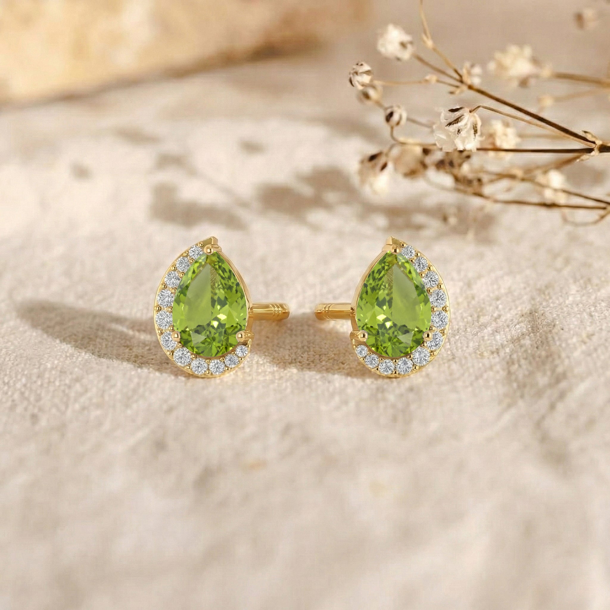 Peridot Pear Halo Stud Earrings in 925 Sterling Silver 1ct