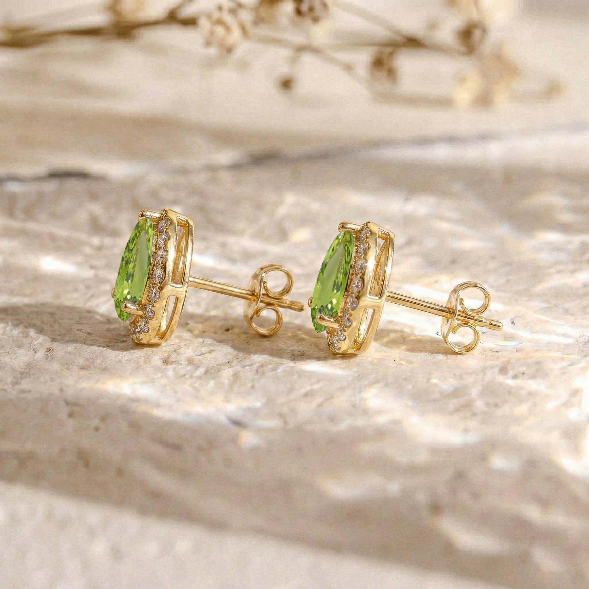 Peridot Pear Halo Stud Earrings in 925 Sterling Silver 1ct